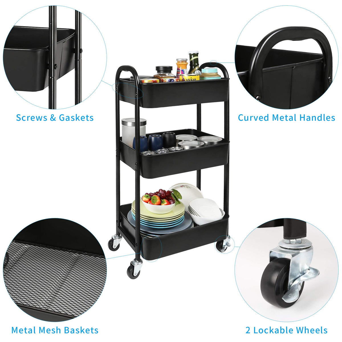 3-Tier Rolling Utility Cart with Caster Wheels Easy Assembly, Black