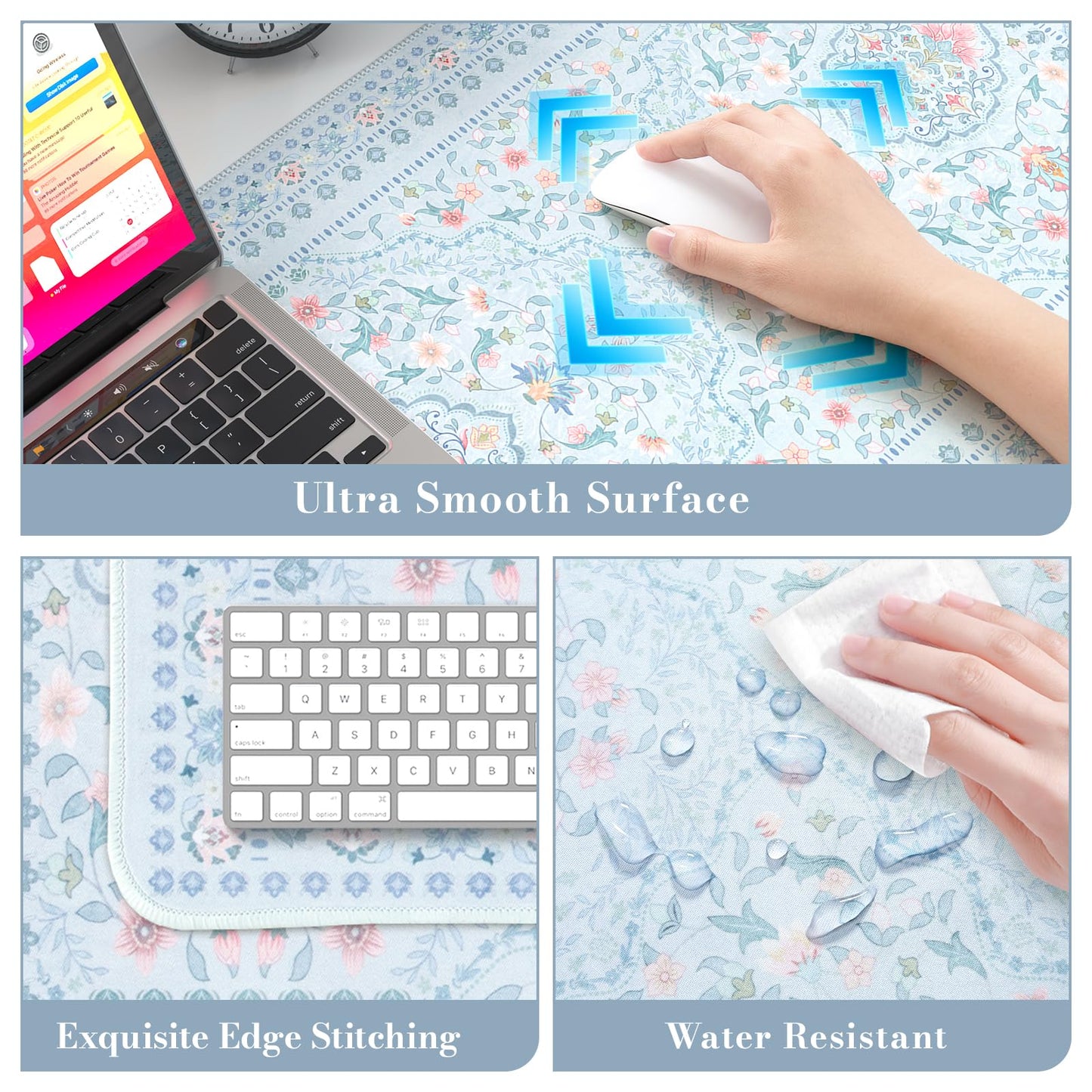 HAOCOO Floral Desk Mat, 35.4" x 15.7" Mouse Pad for Home Office School Blue