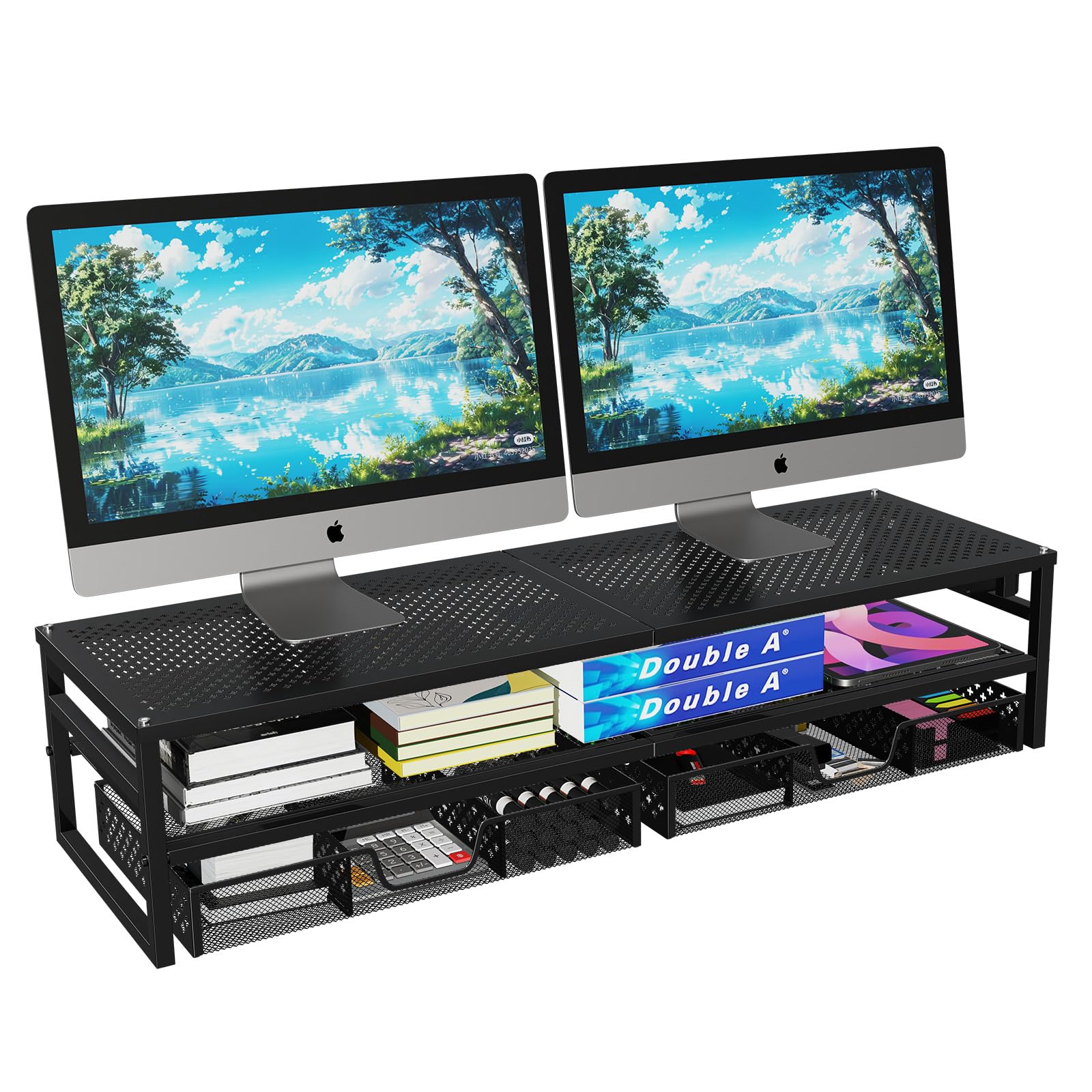Simple Trending 2-Tier Metal Dual Monitor Stand with USB & 2 Drawers, Black