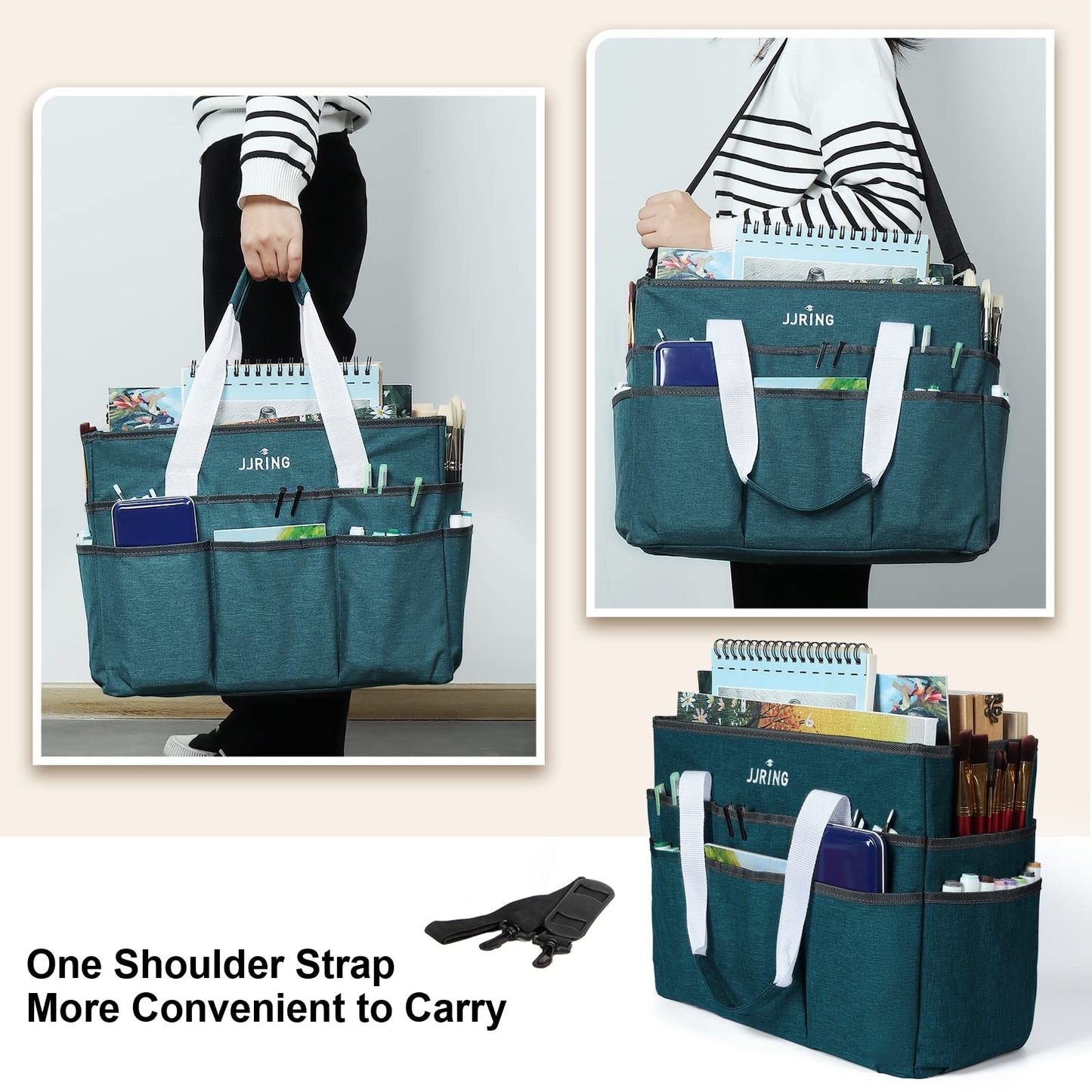 JJRING Craft Organizer Tote Bag Large Art Storage Caddy Bluish Green