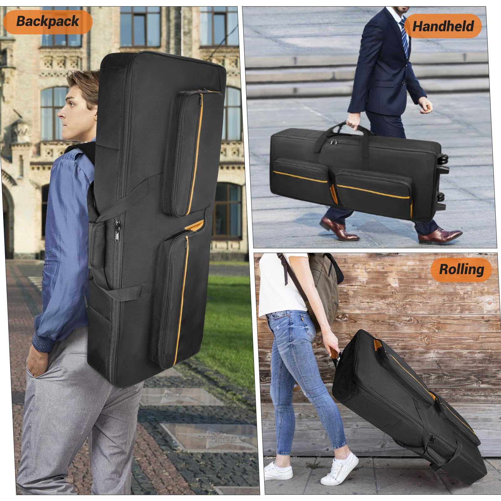 ORKELS 61-Key Keyboard Case with Wheels & Adjustable Shoulder Straps– Padded Rolling Gig Bag with 4