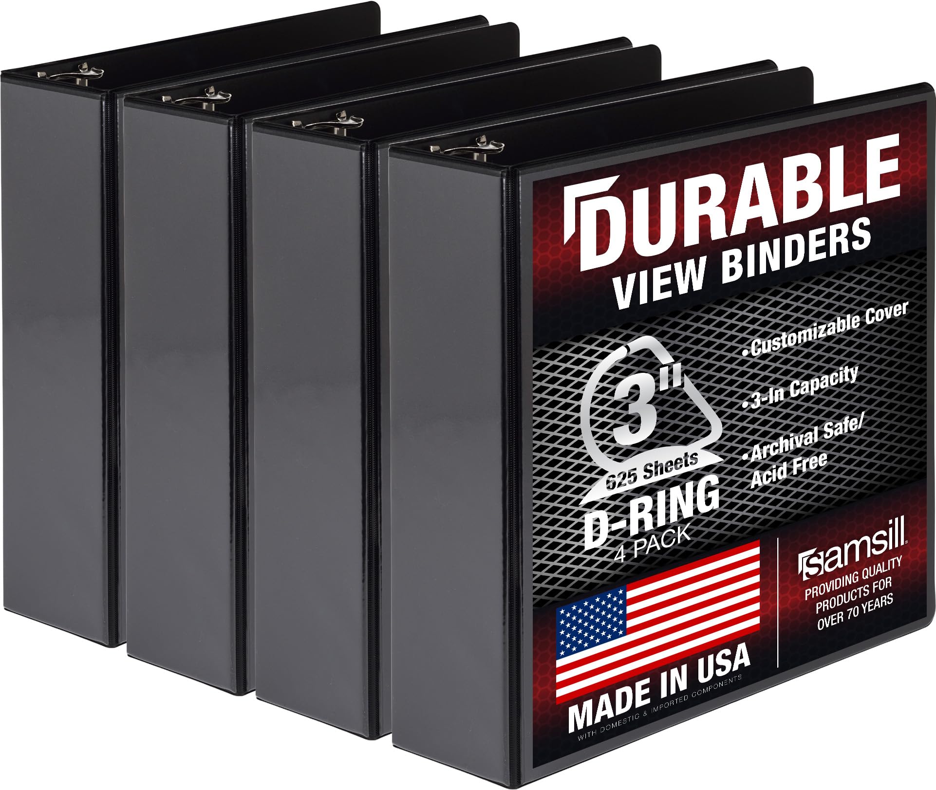 Samsill Durable 3 inch 3 Ring Binder, D Ring Binder, 100% Recycled Chipboard, Black, 4 Pack