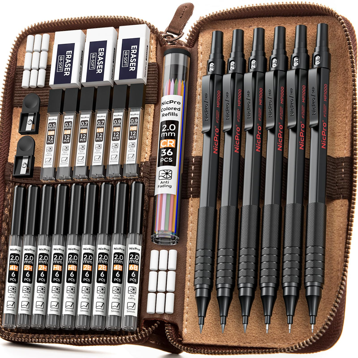 Nicpro 30PCS Black Metal Mechanical Pencil Set in Leather Case