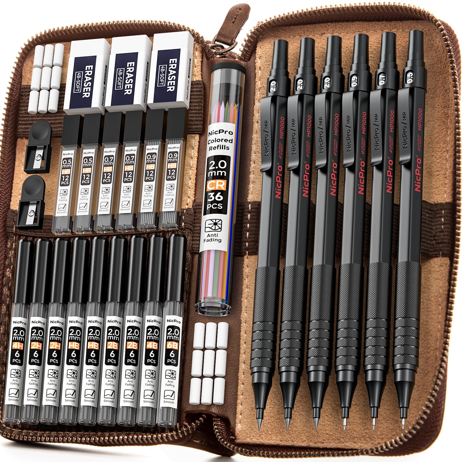 Nicpro 30PCS Black Metal Mechanical Pencil Set in Leather Case