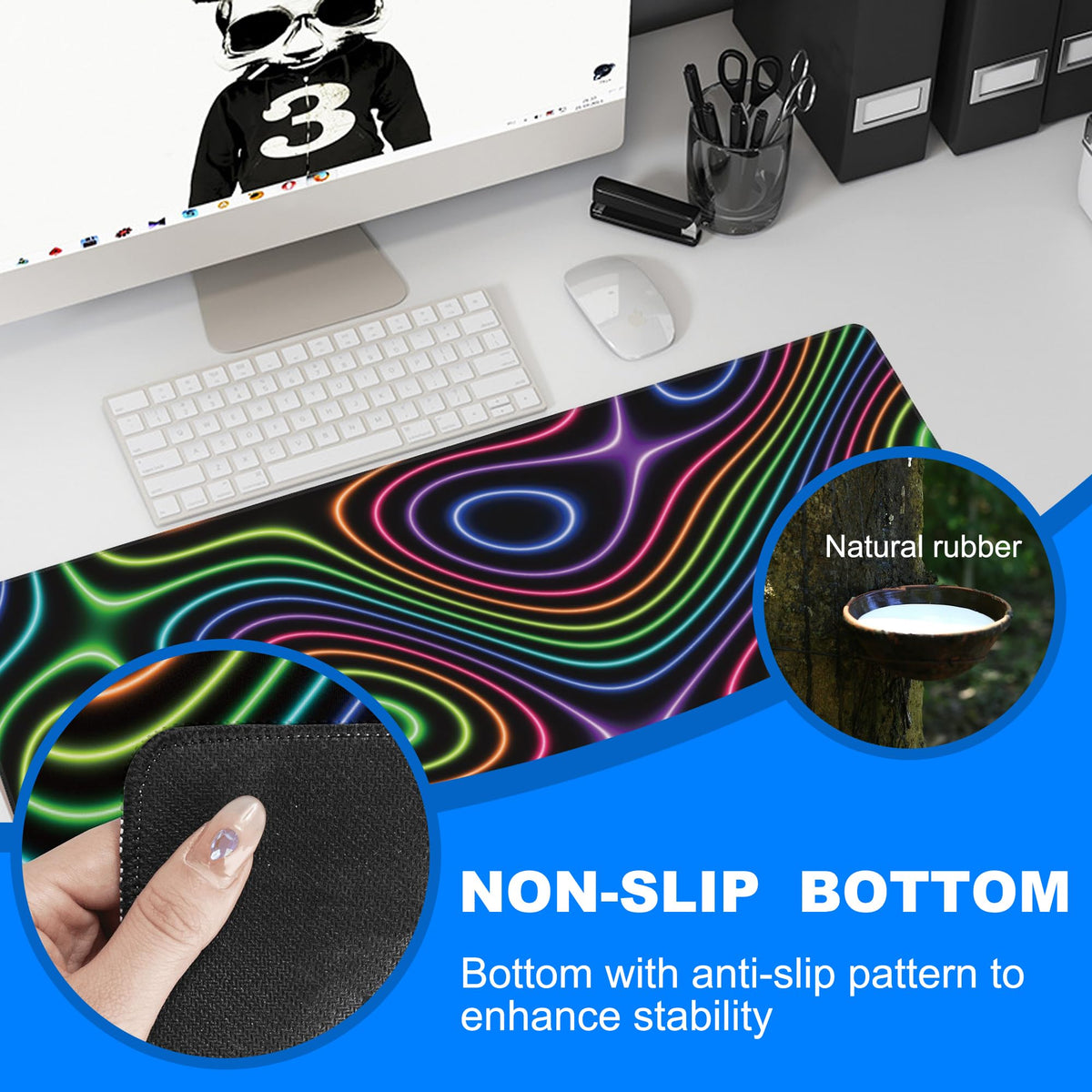 Desk Mat, Colorful Neon Topographic Contour Map Extended Gaming Mouse Pad Large, 31.5"x11.8" Big
