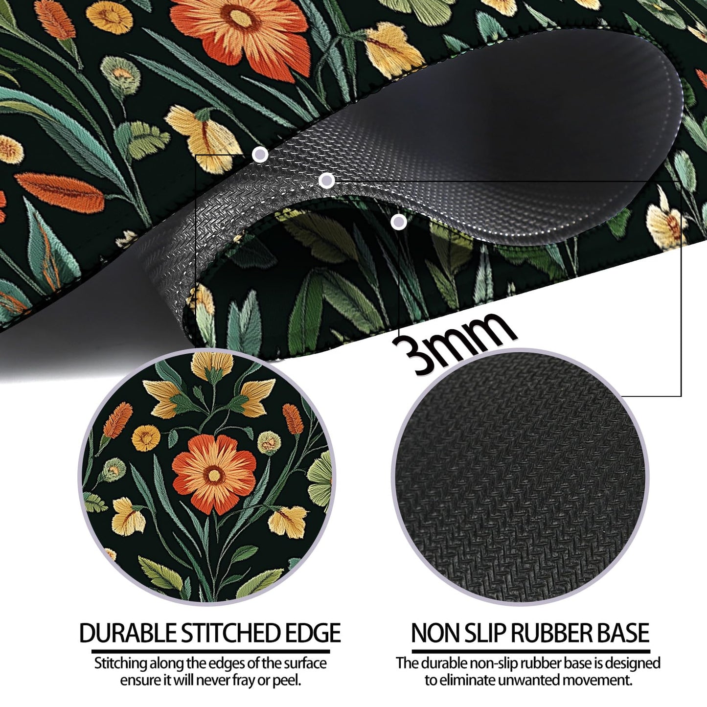 Floral Gaming Desk Mat, Computer Keyboard Large Extended Long Flower Plants Mouse Pad for Office
