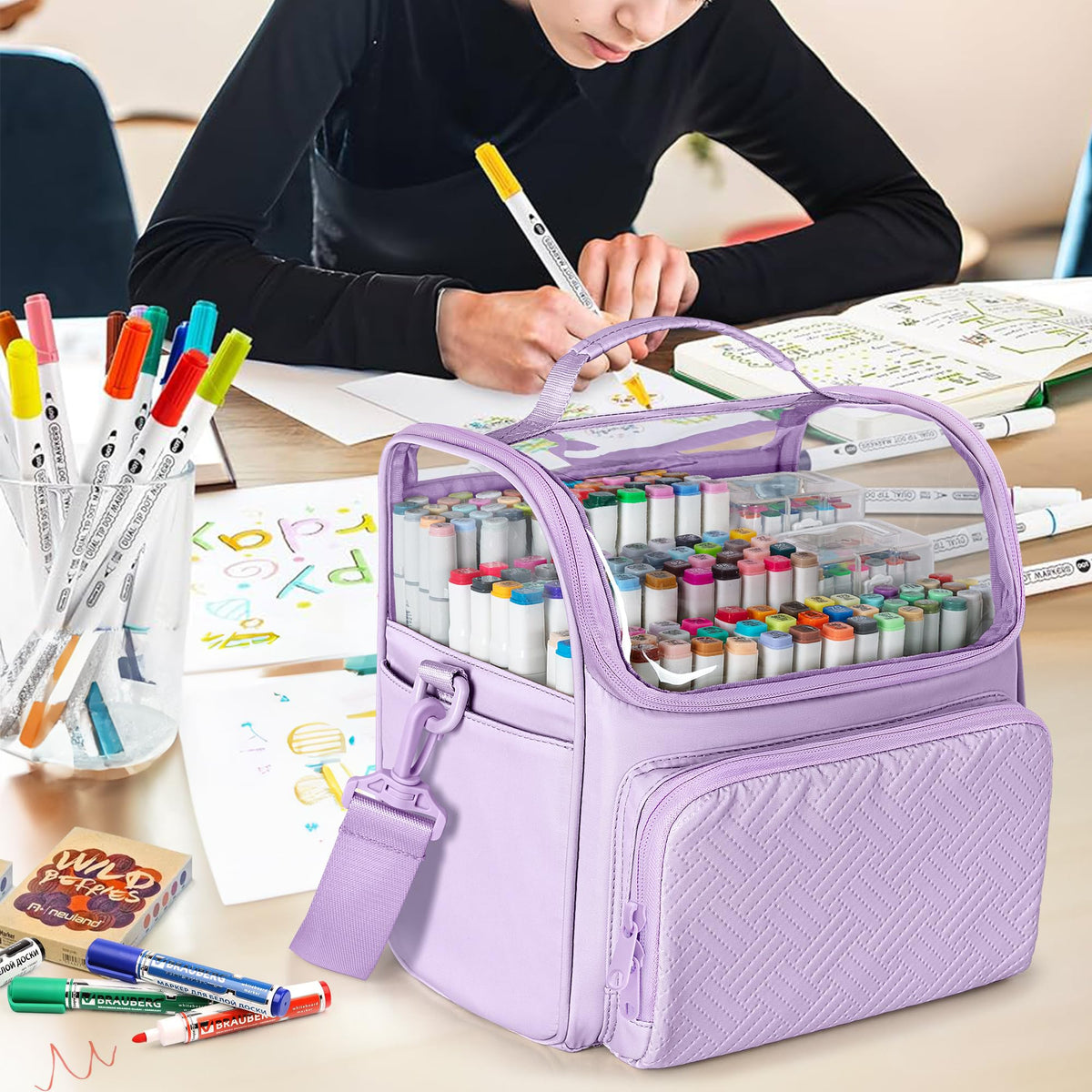Rexmica Large Marker Organizer Case Storage Bag for 180 Marker Pen, Purple