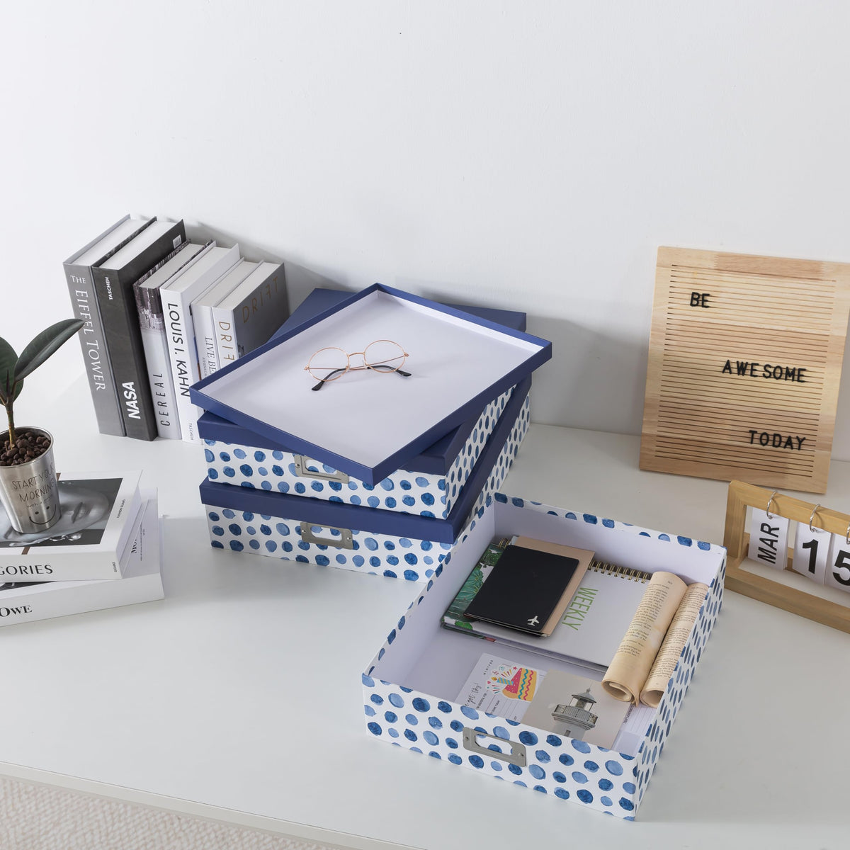 Soul & Lane - Decorative Storage Boxes with Lids, Set of 3, Blue Spots