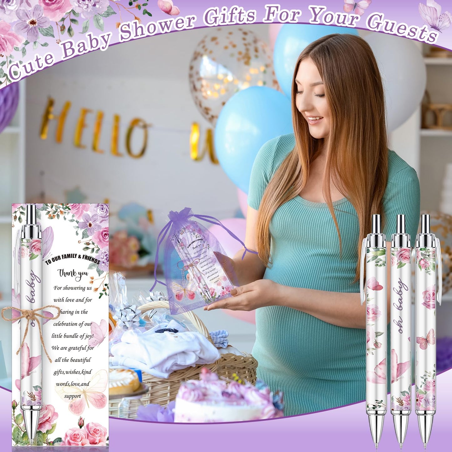EYNDYN 289 Pieces Butterfly Baby Shower Gifts for Guest Ballpoint Pens and Keychains Favors for