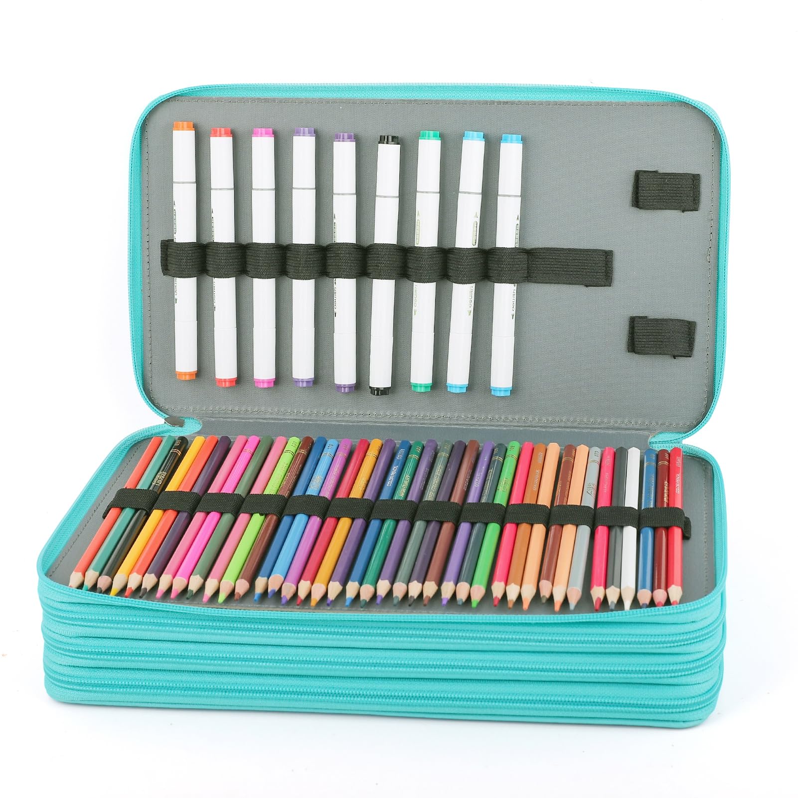 Vomgomfom 300 Slots Marker Case 4-Layer PU Leather, Handle, Solid Green