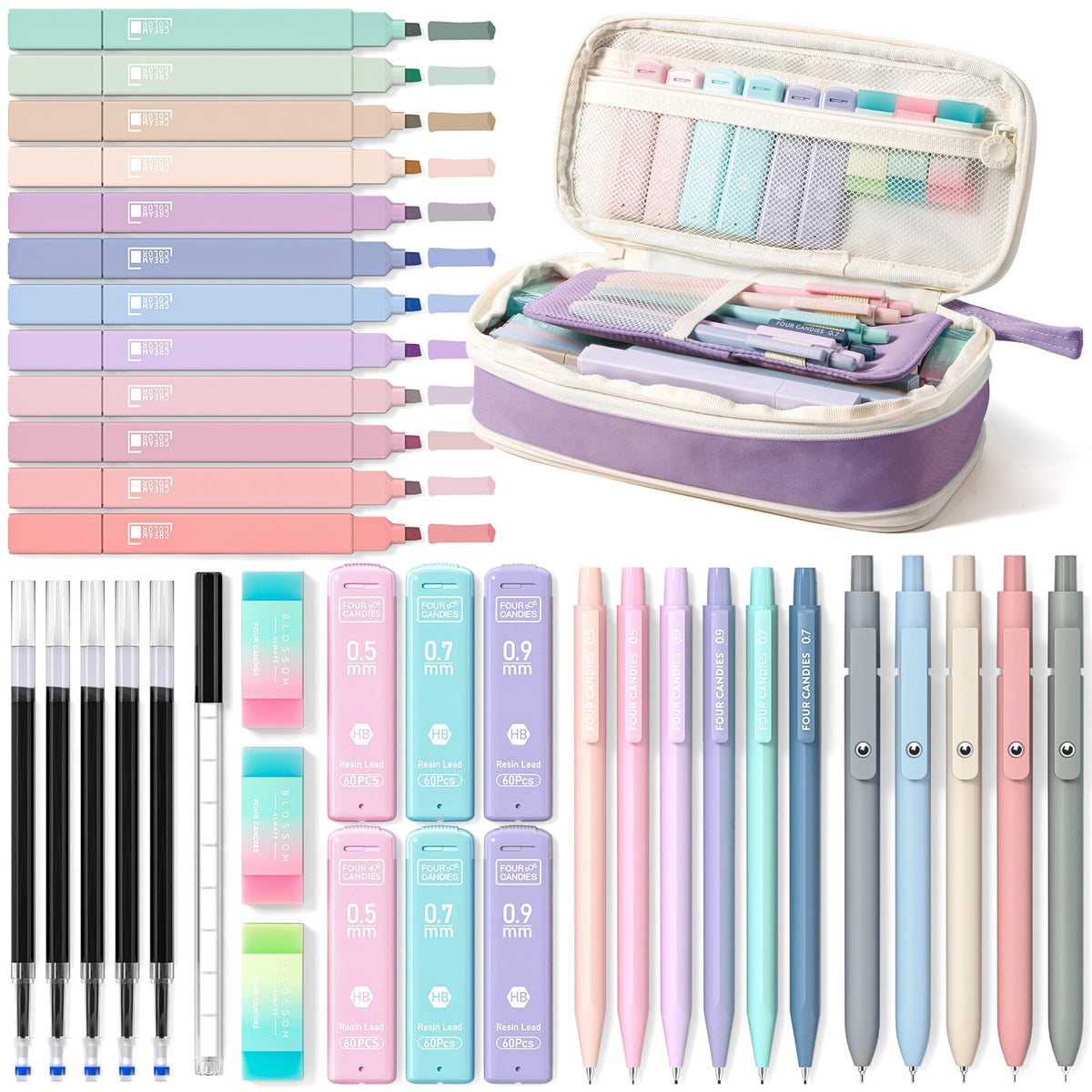 Four Candies School Supplies with Cute Pencil Case, 39ct, Purple