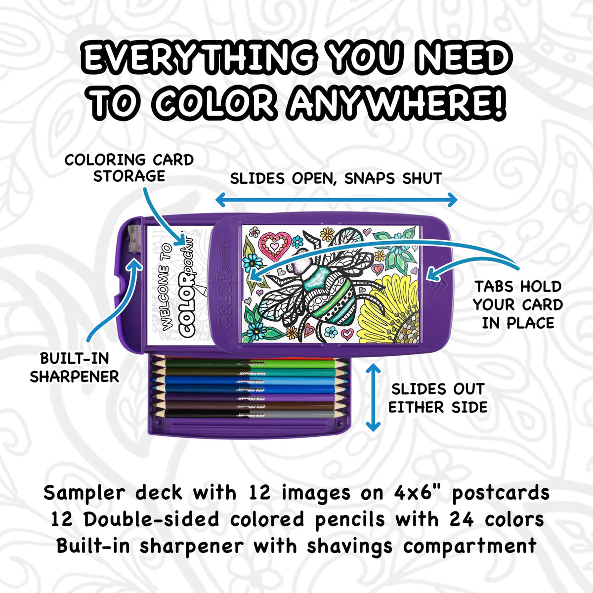 Colorpockit Coloring Kit Travel Art Set with Colored Pencils, 4x6 Coloring Cards, Built in