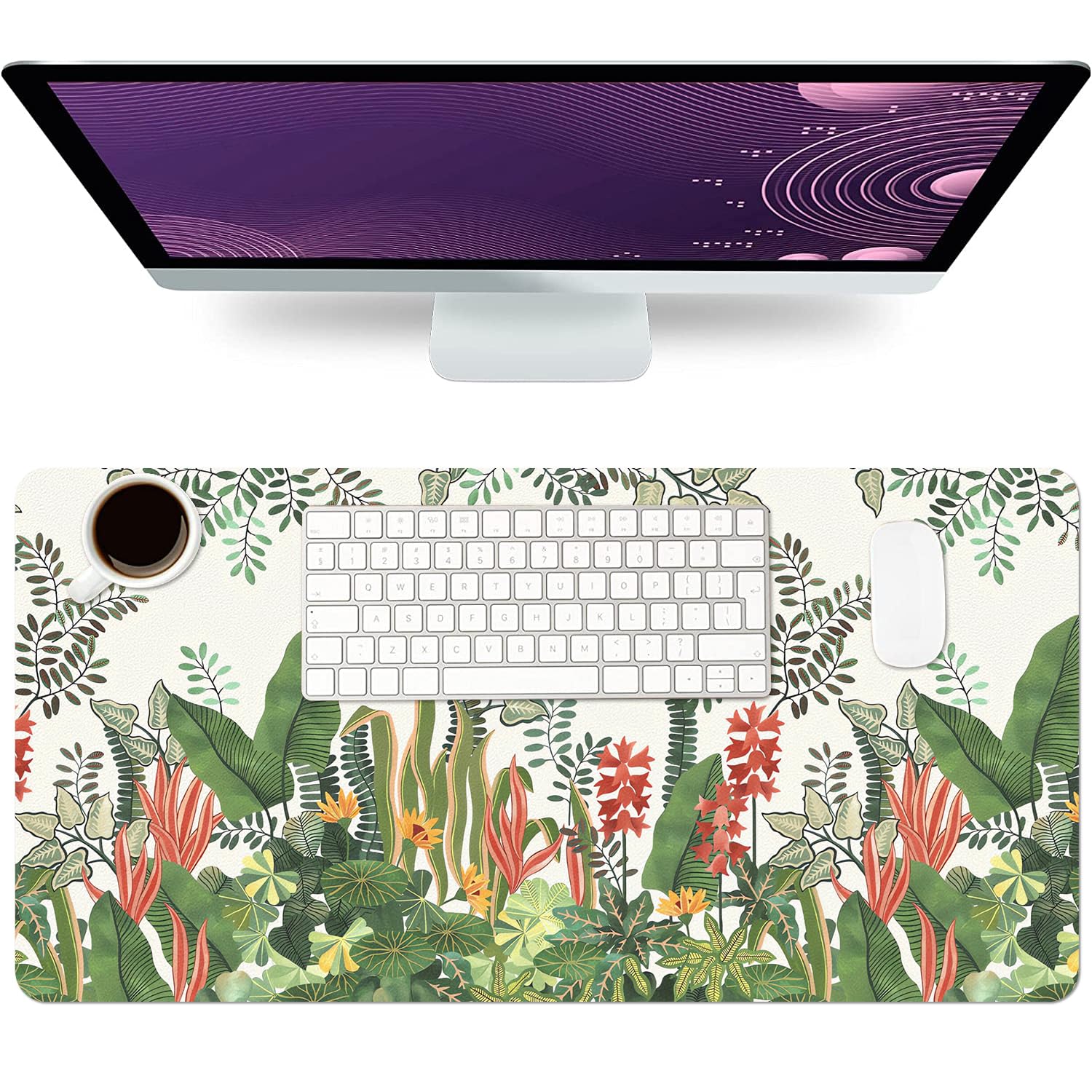 Floral Desk Mat, Non-Slip PU Leather Desk Pad, Foliage 23.6"x11.8"