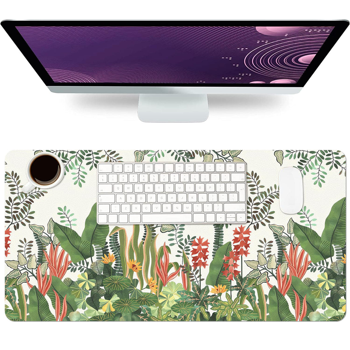 Floral Desk Mat, Large Non-Slip PU Leather Desk Pad, Foliage 31.5"x15.7"