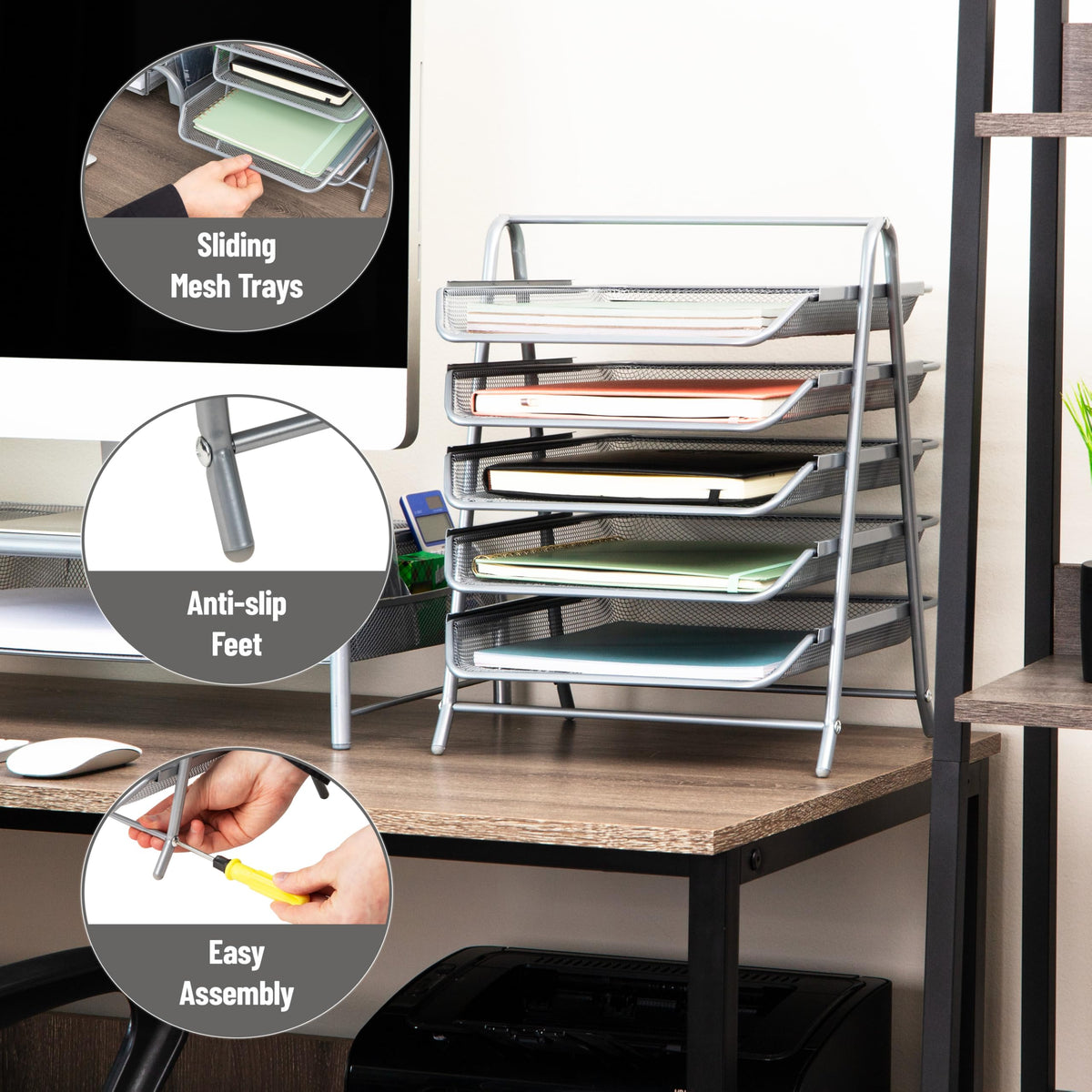 Mind Reader 5-Tier Paper Tray Organizer, Vertical Desktop File Storage Rack, Office, Metal Mesh