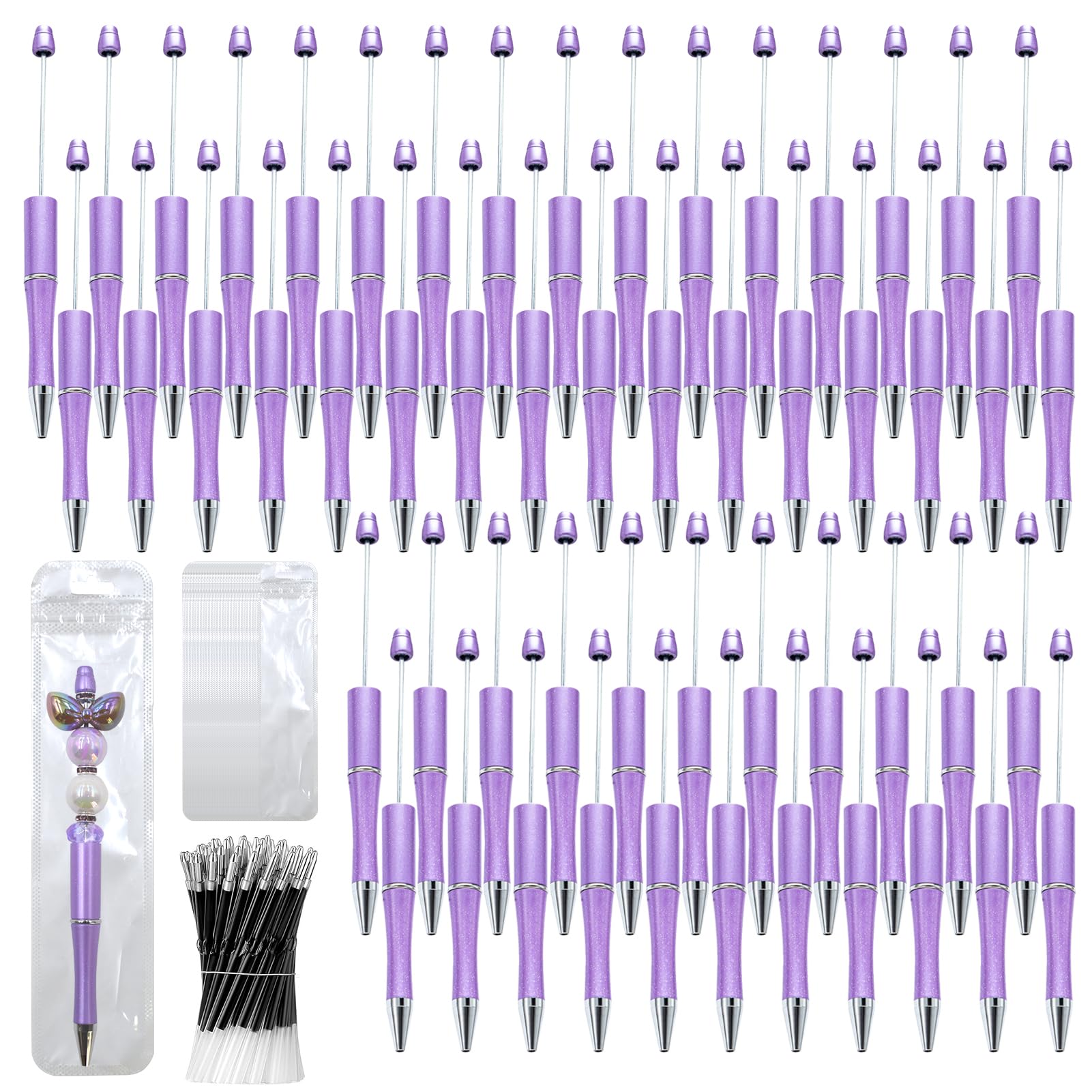 DASTTUIS 300 Pieces DIY Beadable Pen Kit – 100 Plastic Ballpoint Pens with Refills & Bags – School