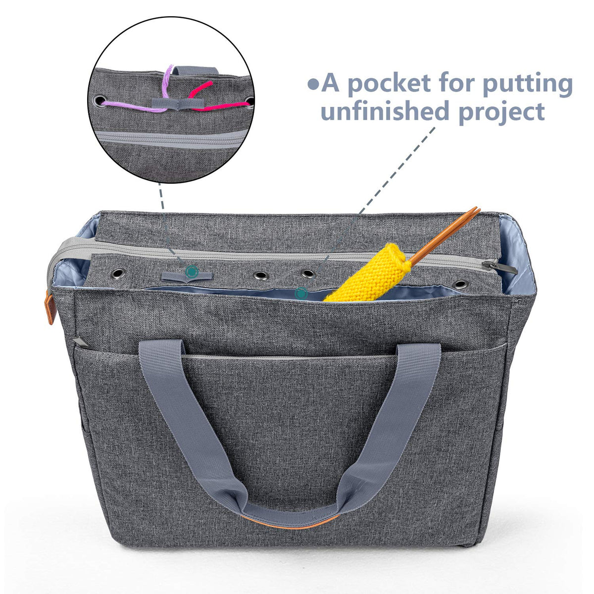 Teamoy Knitting Bag Tote, Yarn Storage Bag Crochet Organizer, Gray