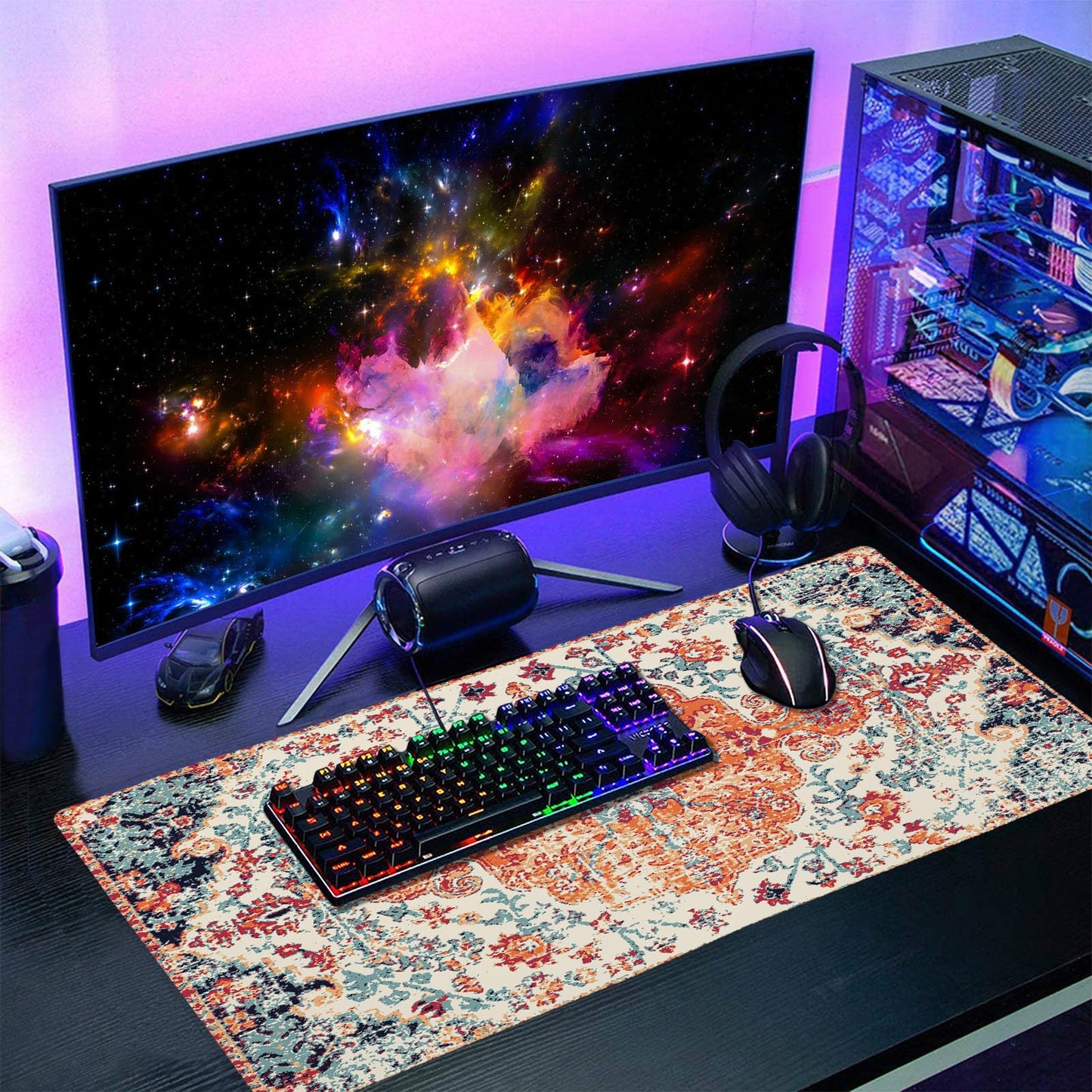 Orange Teal Boho Gaming Mouse Pad Extended 3XL Rug Carpet Bohemian Retro Large Desk Mat Big