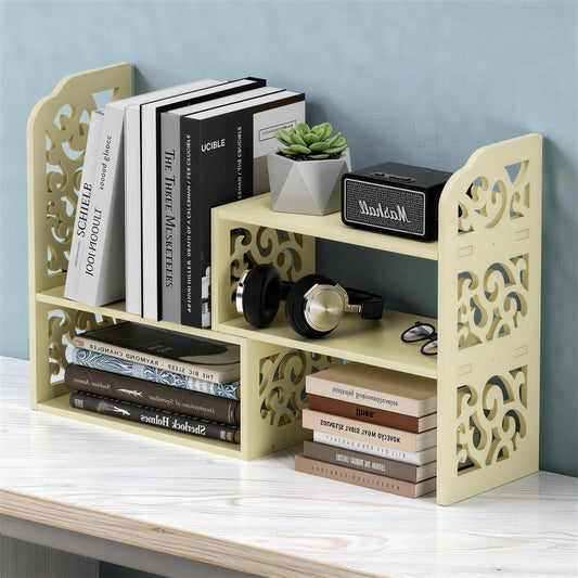 YGYQZ Adjustable Desktop Shelf Organizer, 3-Tier Desk Shelf, Beige Pattern