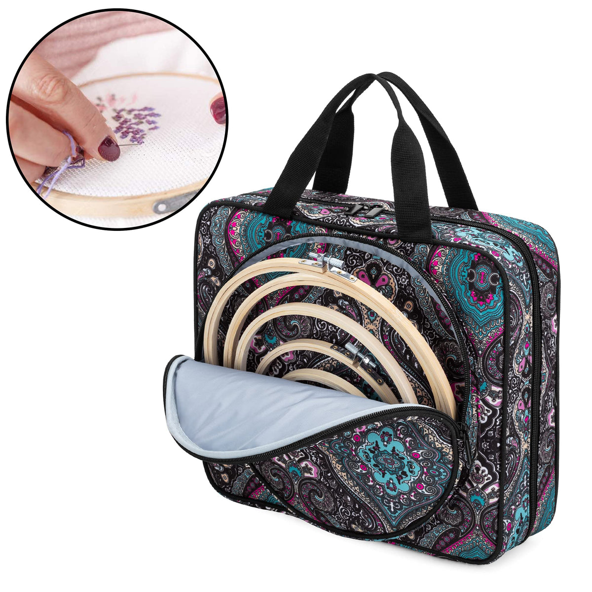 LoDrid Embroidery Project Bag, Square Supplies Storage Tote, Totem