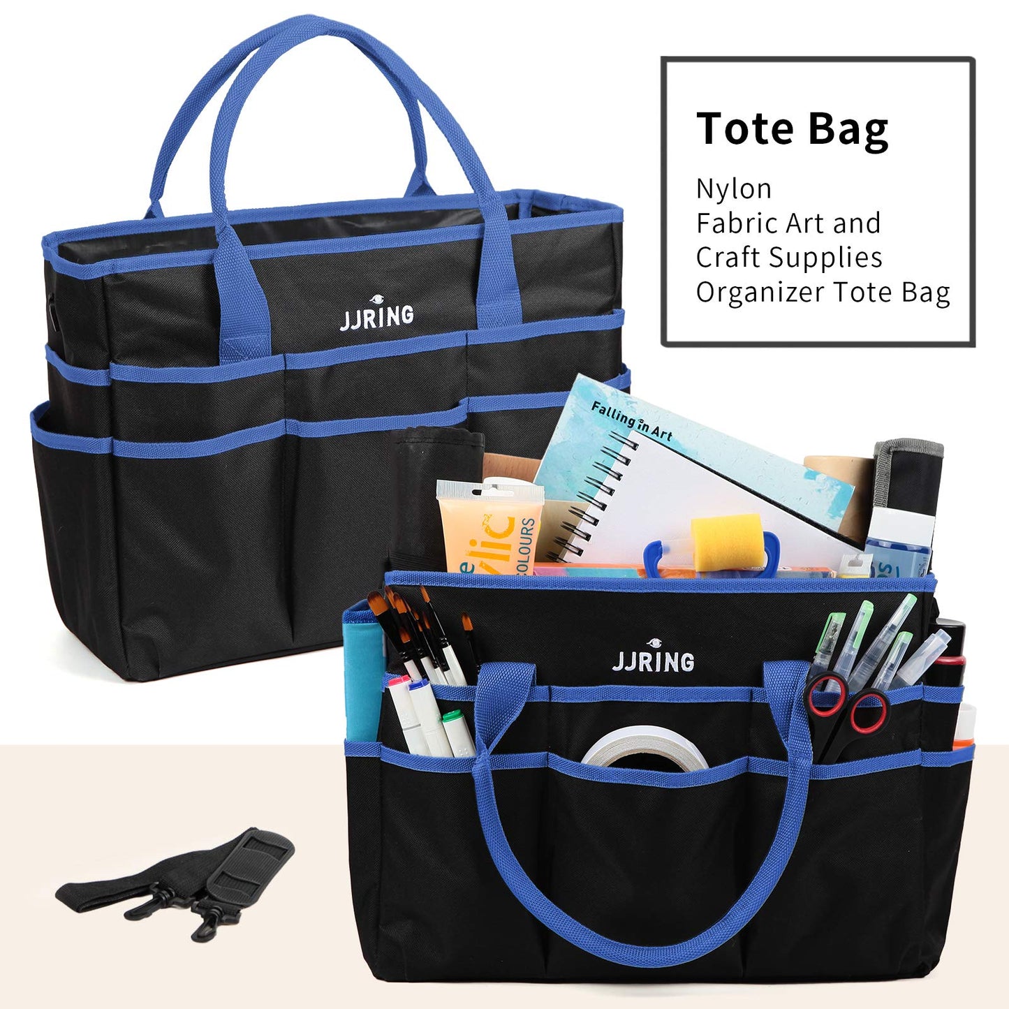 JJRING Large 600D Nylon Artist Organizer Tote Bag With 16 Pockets, Blue