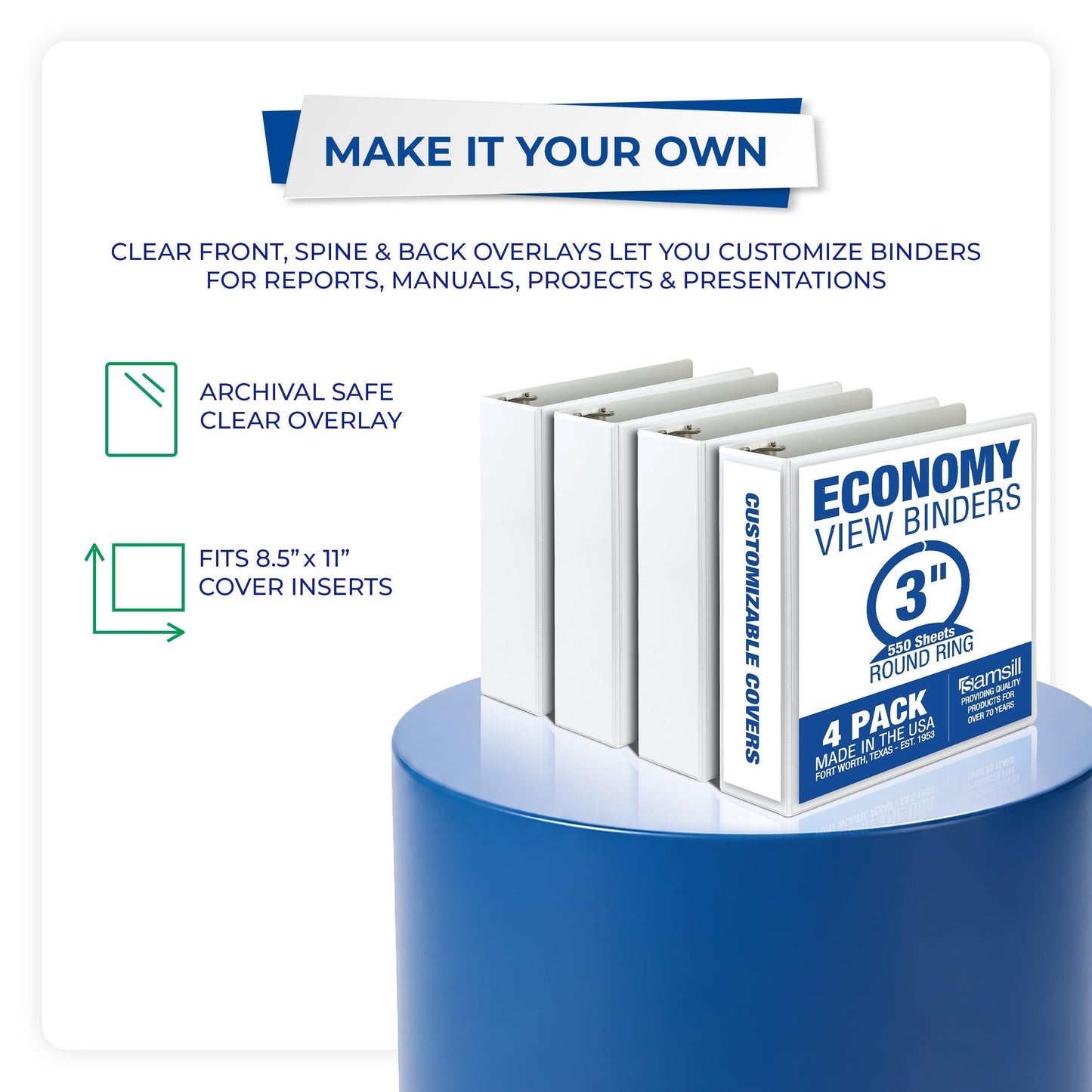Samsill 3 Inch 3 Ring Binders, Economy Round Ring, Clear View Cover, 550 Sheet Capacity - for