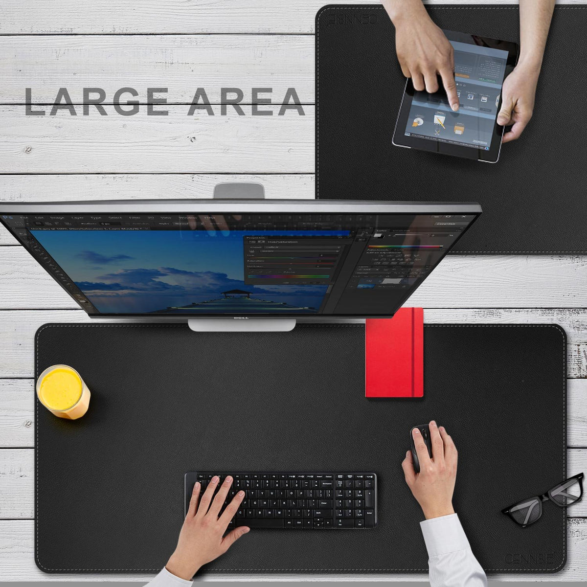 CENNBIE Leather Desk Mat Protector, 39.3" x 19.6" Large Mouse Pad(Black)