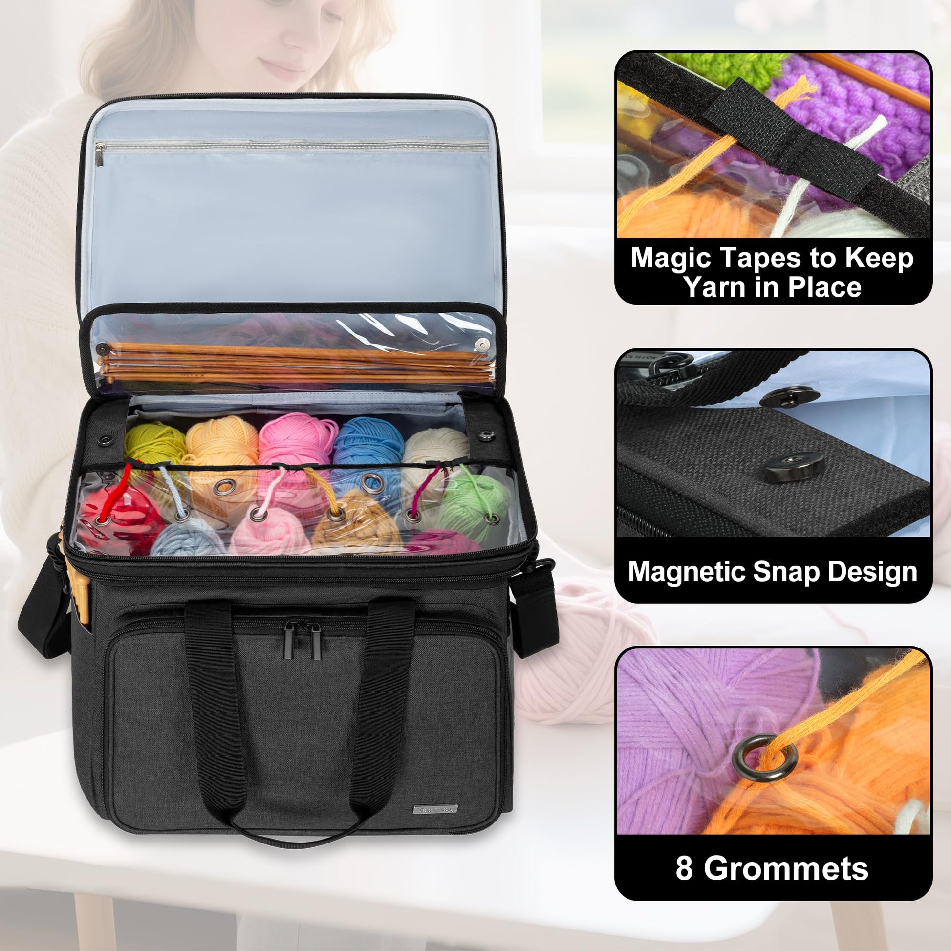 Teamoy Crochet Bag, Knitting Bag Yarn Storage Tote, Yarn Organizer, Black