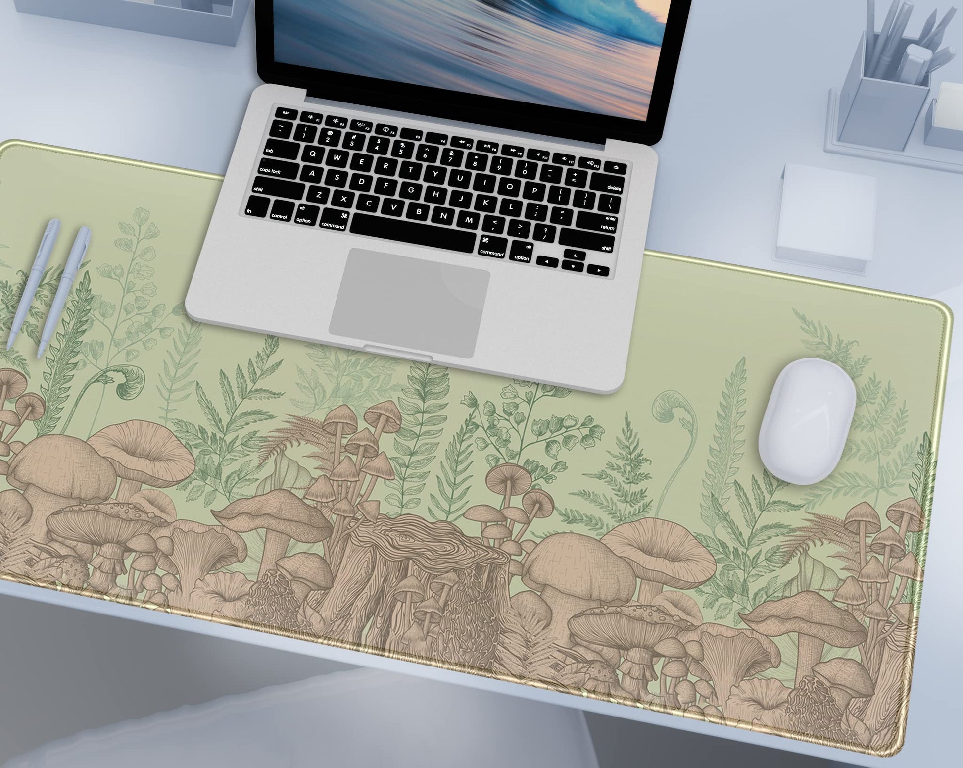 Cute Green Leaves Mouse Pad Desk Mat Beige Forest Mushroom XXL Large Extended Gaming Mousepad Desk