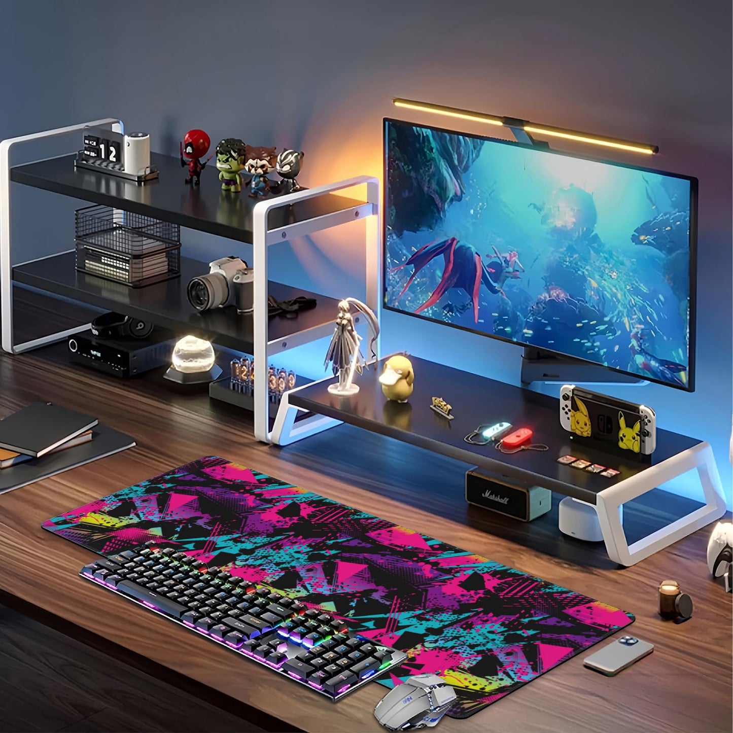 Abstract Grunge Elements Desk Mat,Large Neon Color Patterns Gaming Keyboard Mouse Pad,Non-Slip