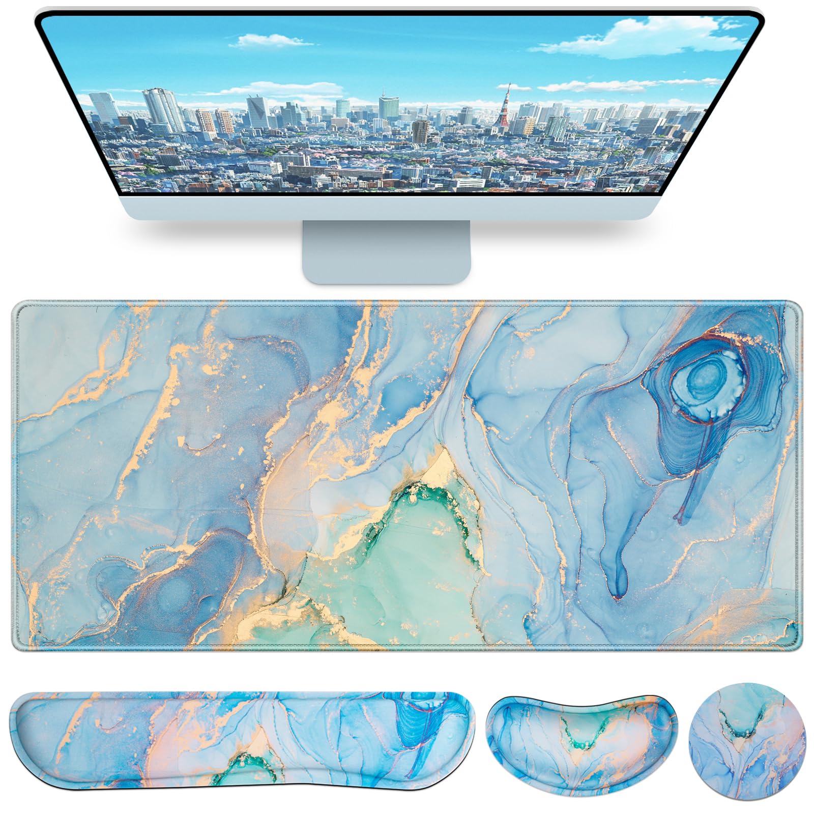 4 in1 Desk Mat Blue, Large Gaming Mouse Pad with Wrist Rest,