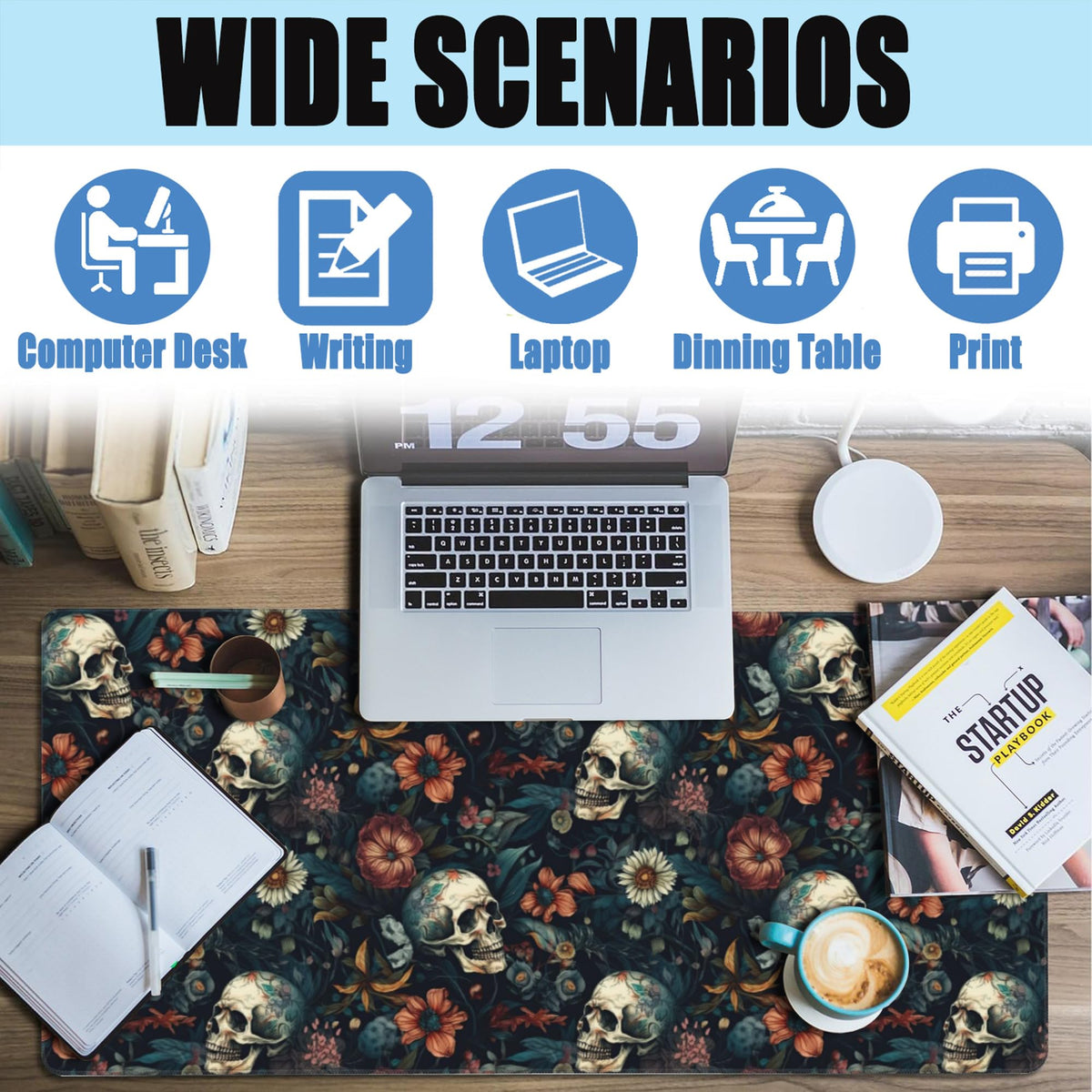 Desk Mat,Skulls with Flowers Large Gaming Mouse Pad for Desk XXL,Skull Floral Desk Pad for