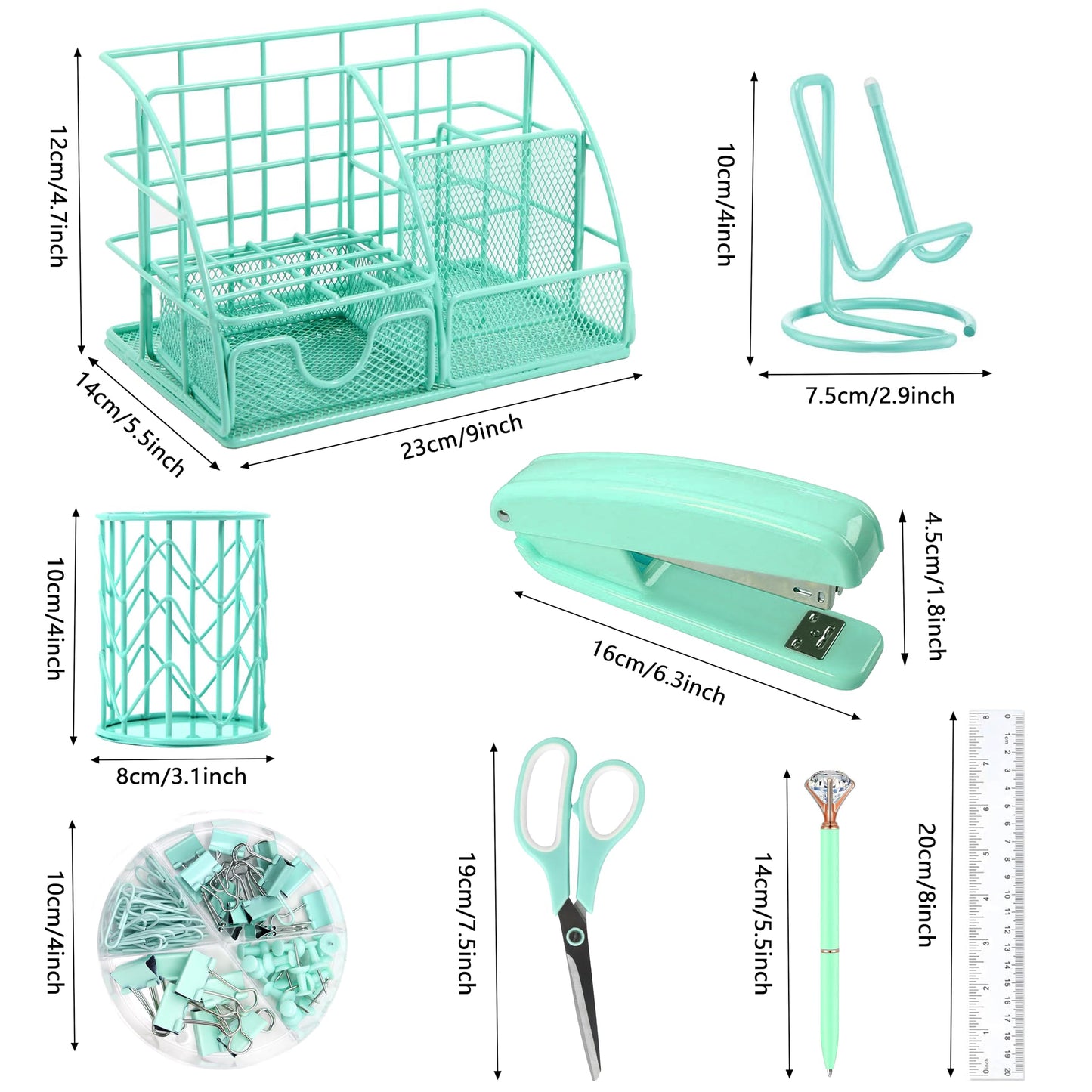 KAAKOW Green Desk Organizers and Accessories Office Supplies Set Stapler, Pen Holder, Phone Holder