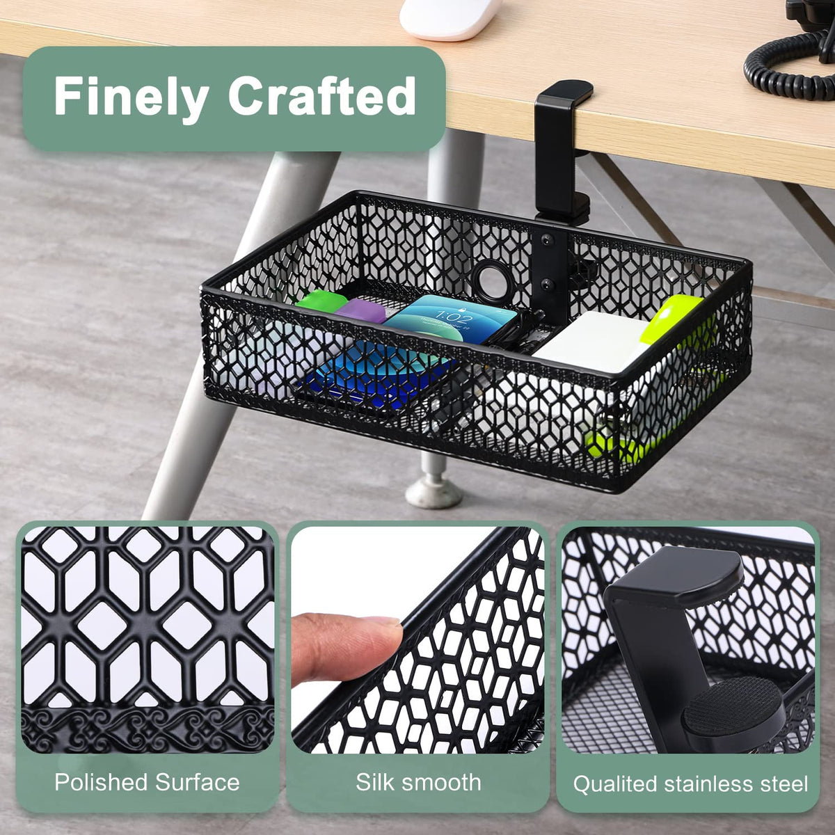 ROSYLINE Under Desk Storage Basket Hanging Drawer Tray, Clamp On Organizer
