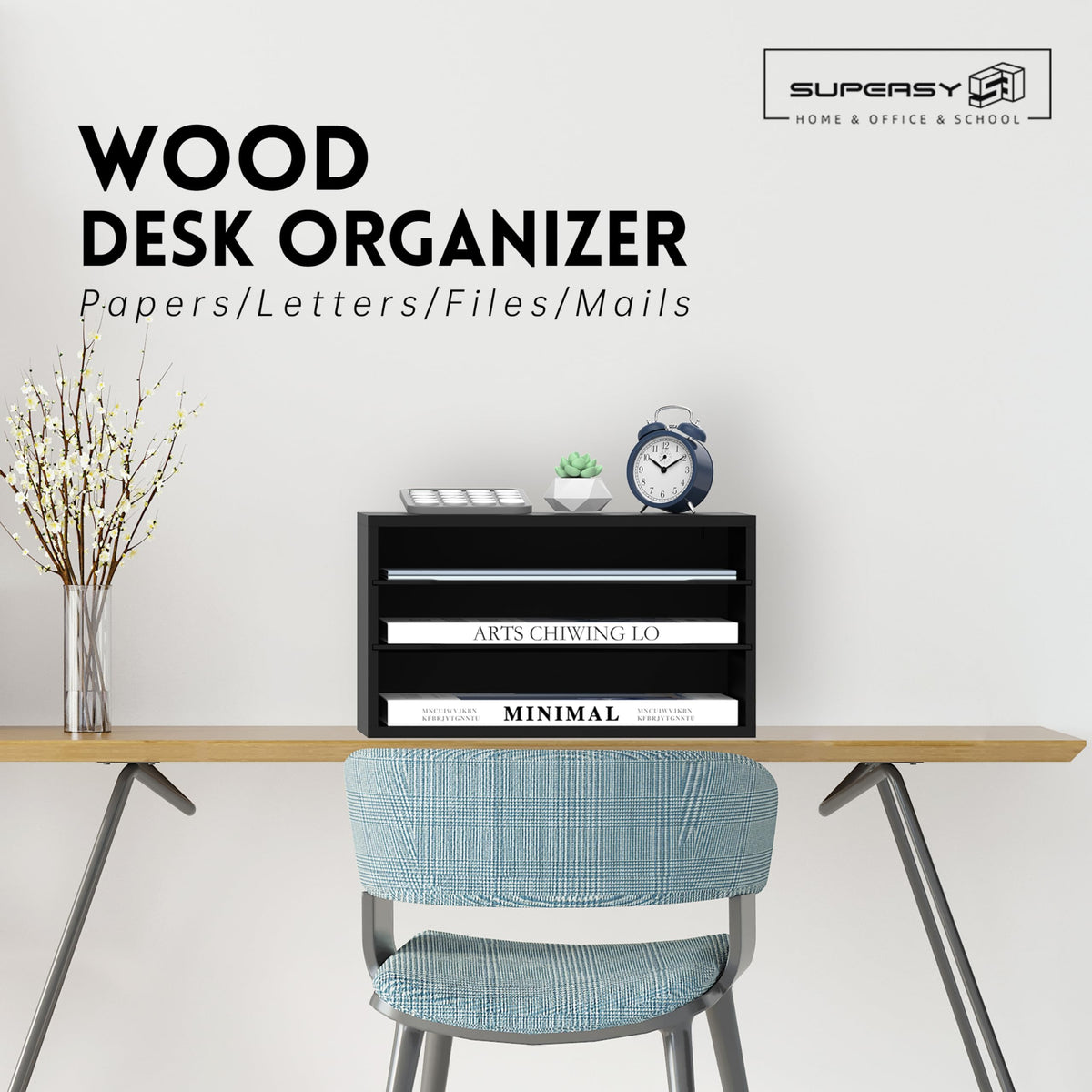 3 Tier Wood Desk Organizer, Mail Sorter and Paper Organizer for Desk, Black
