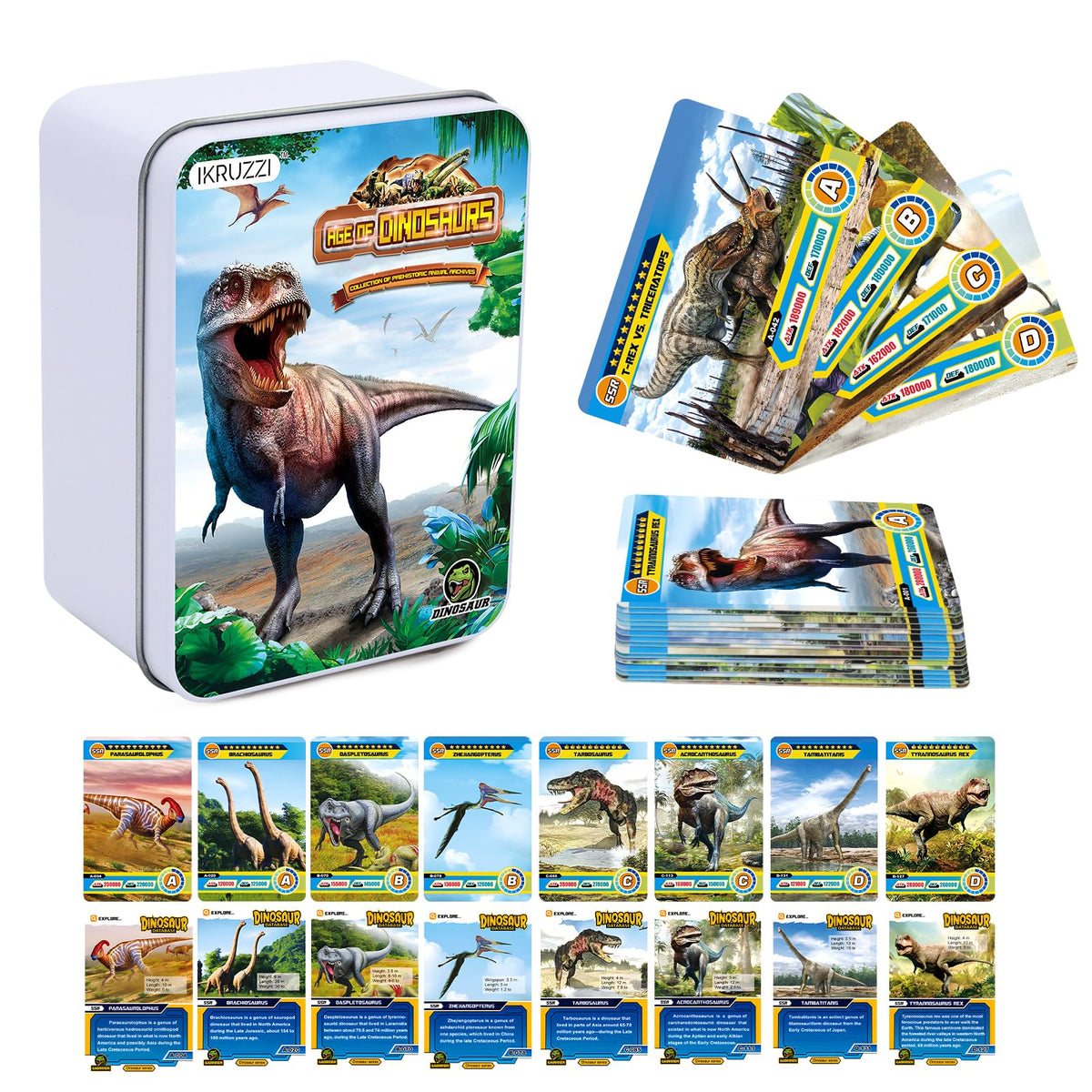 IKRUZZI 168 PCS Dinosaur Cards Set - Educational Learning Flash Cards, Collectible Trading Cards
