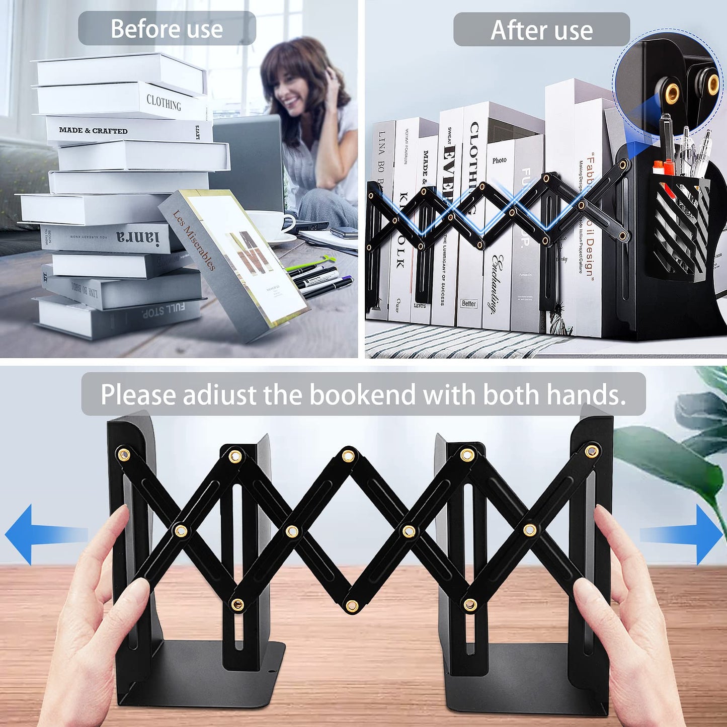 2PCS Heavy Duty Book Ends to Hold Books with Pen Holder, Adjustable Bookends, Metal Book Ends for