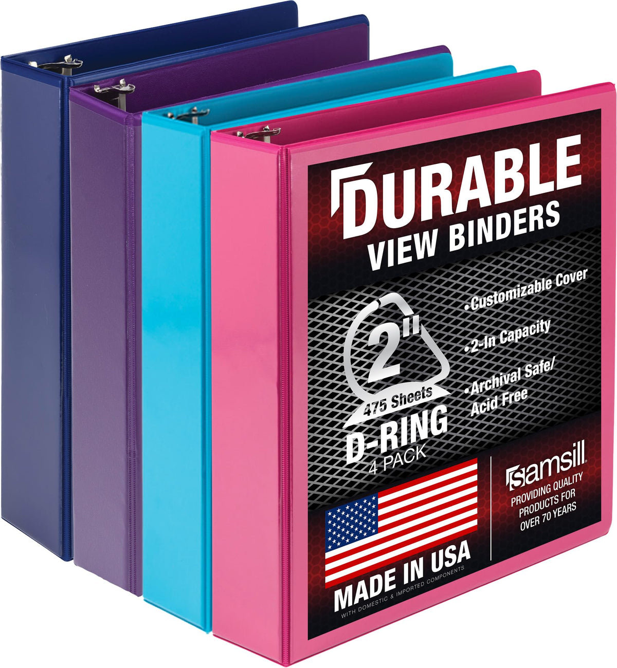 Samsill Durable 2 inch 3 Ring Binder, D Ring Binder, 100% Recycled Chipboard, Fashion Assortment, 4