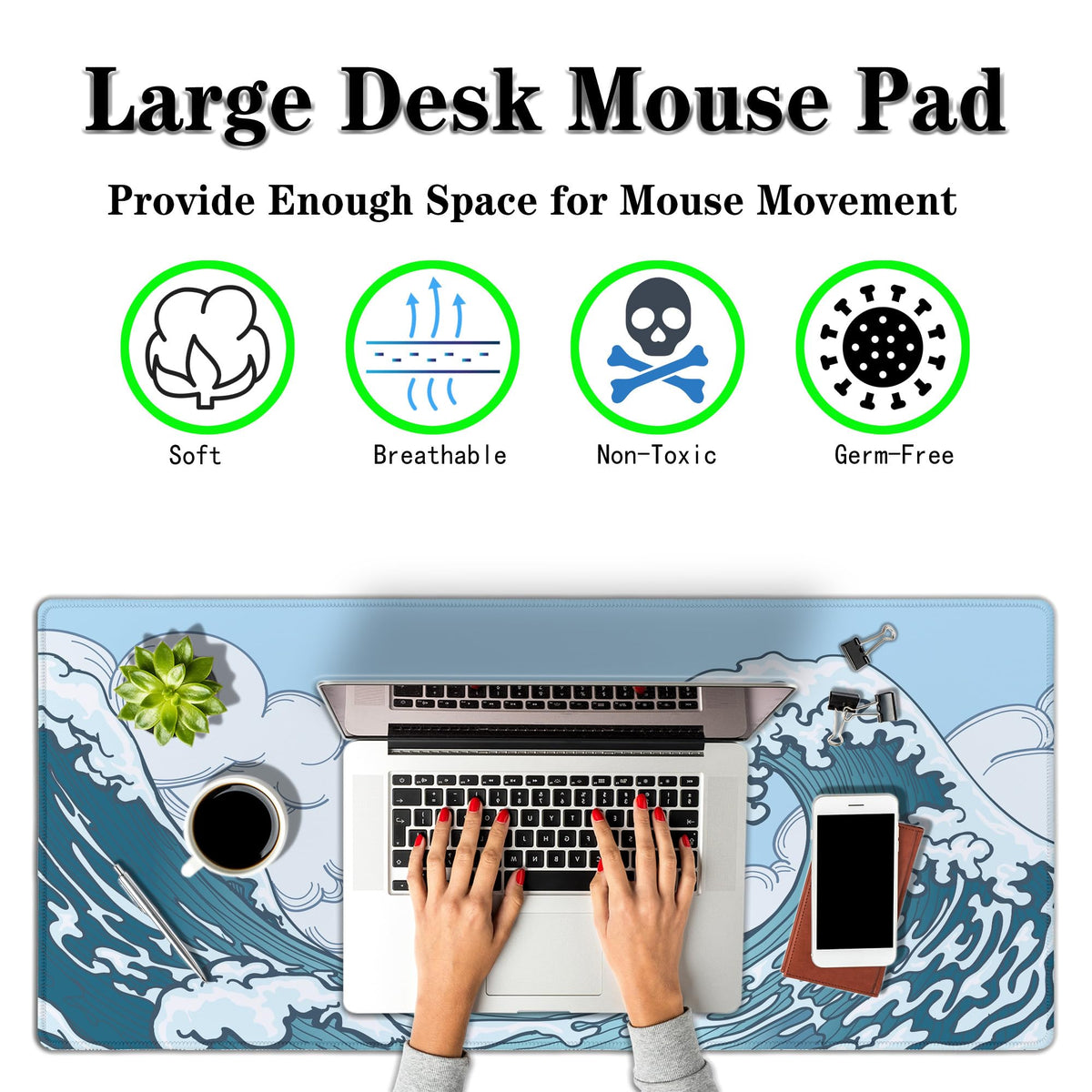 Samgula Big Mouse Pad Blue and White, Great Wave Desk Mouse Pads Office Desk Pads, Extra Large
