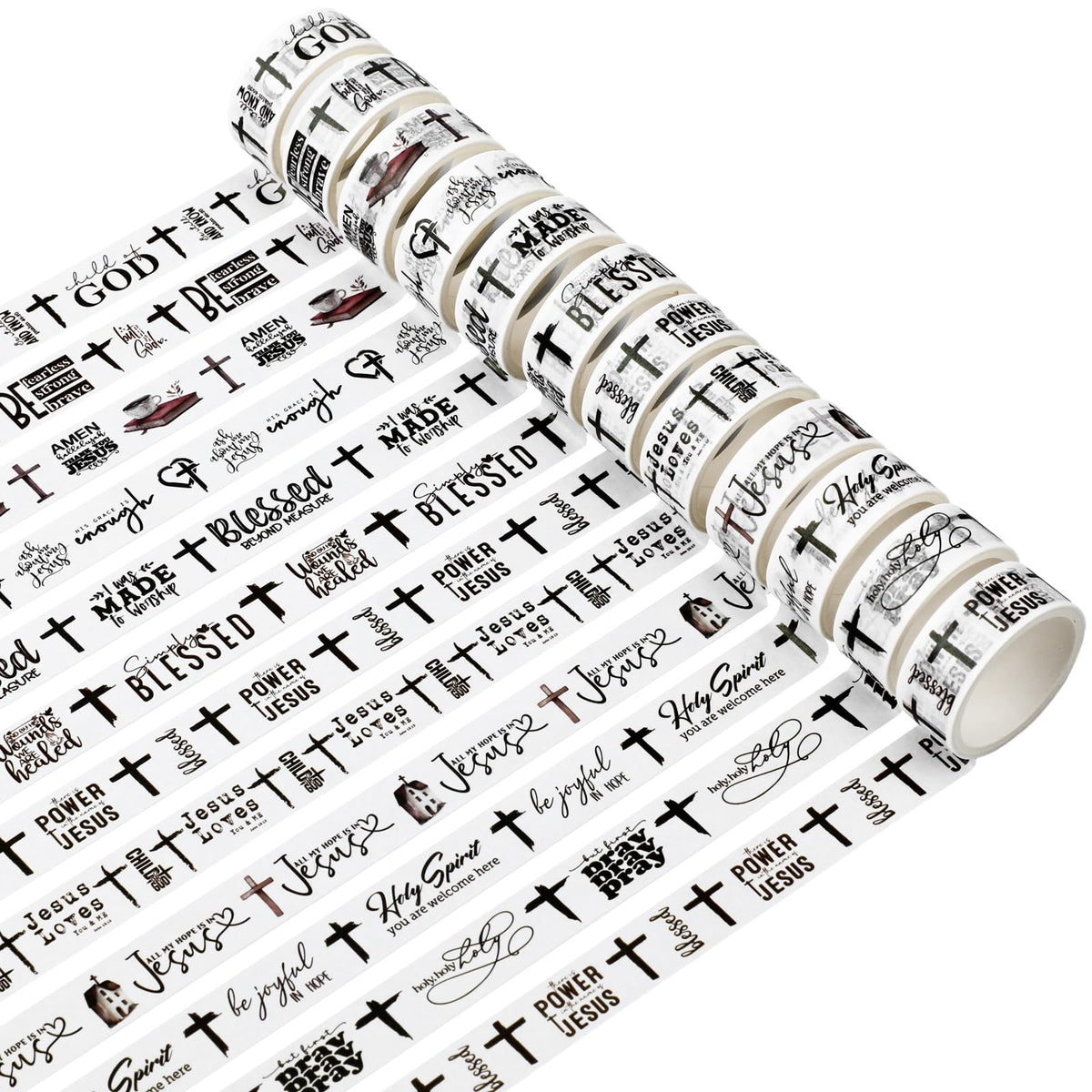 Janlaugh 24 Rolls Christian Washi Tape Gifts, Black White Cross Religious