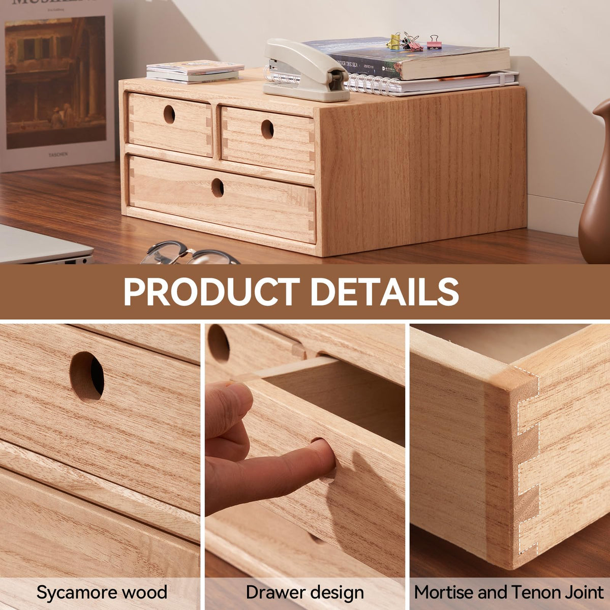 KIRIGEN Wood Desk Organizer with 3 Drawers, Desktop Storage, Natural 23-NA