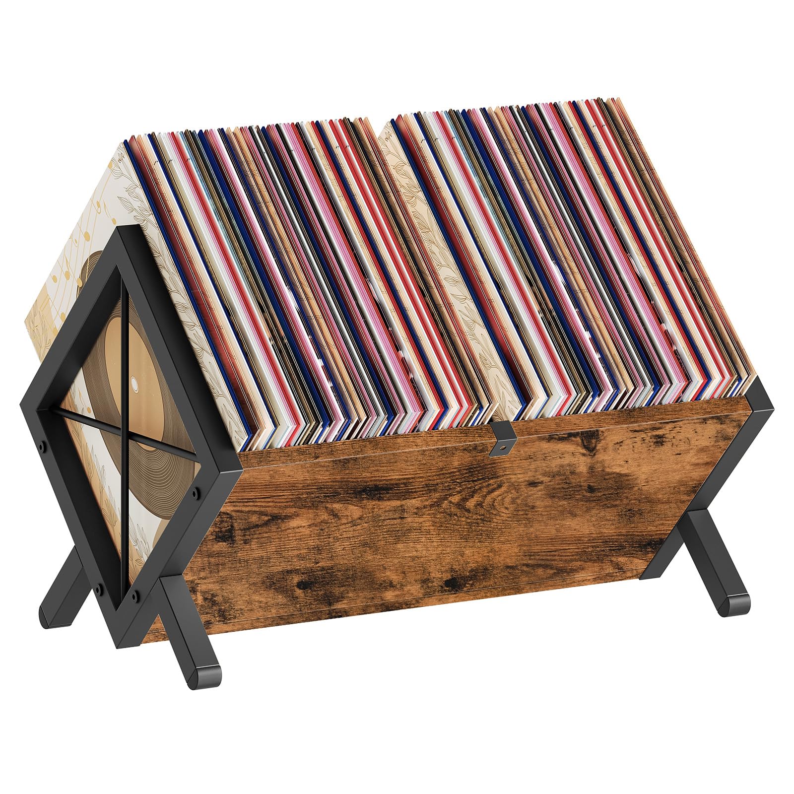 YATINEY Vinyl Record Holder, Record Storage Rack Holds 80-100 LP，Wooden and Metal Record Organizer