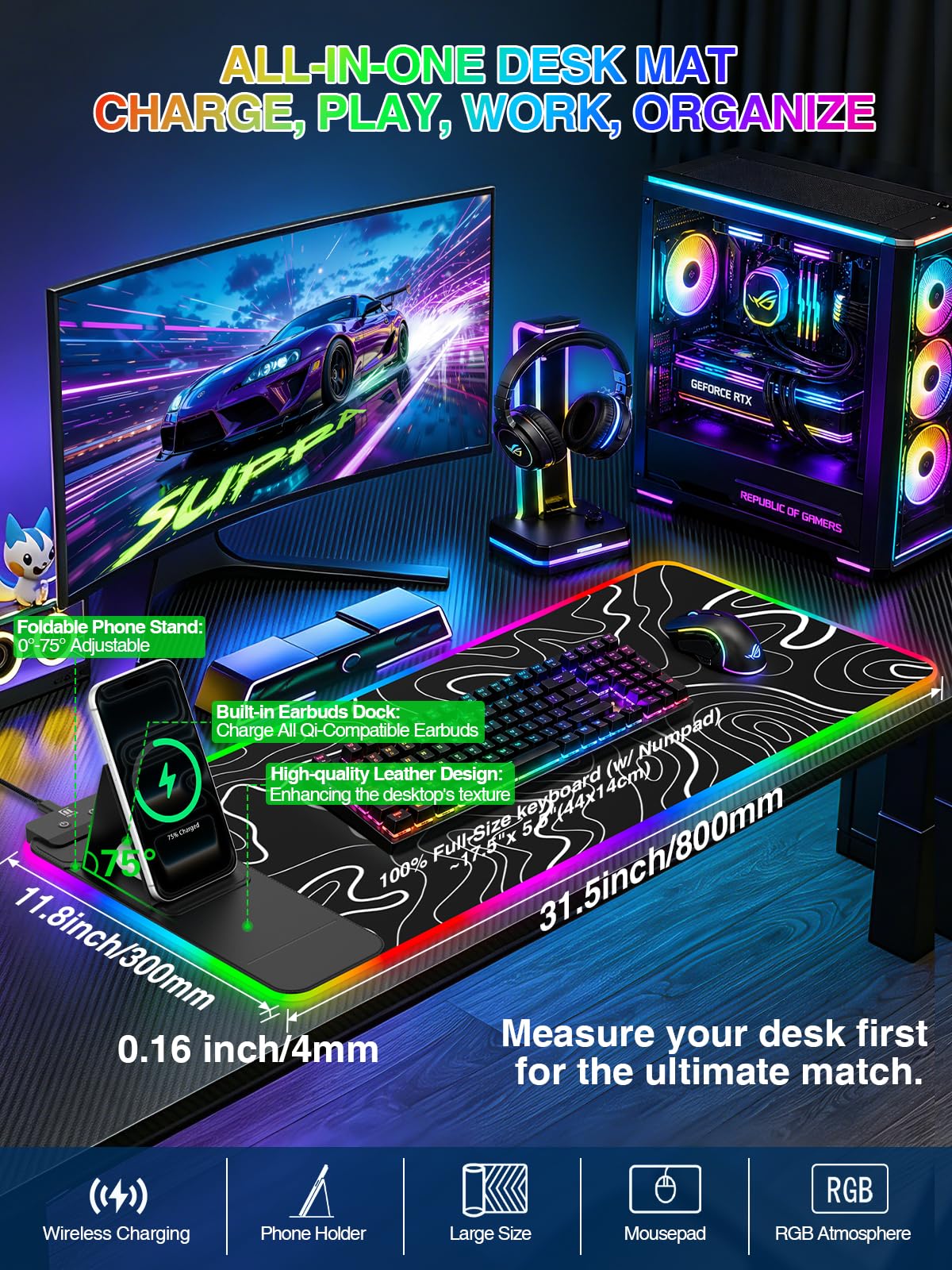 RGB Mouse Pad with Foldable Phone Stand Wireless Charger, 31.5"x11.8" XL Gaming Mousepad Large Desk
