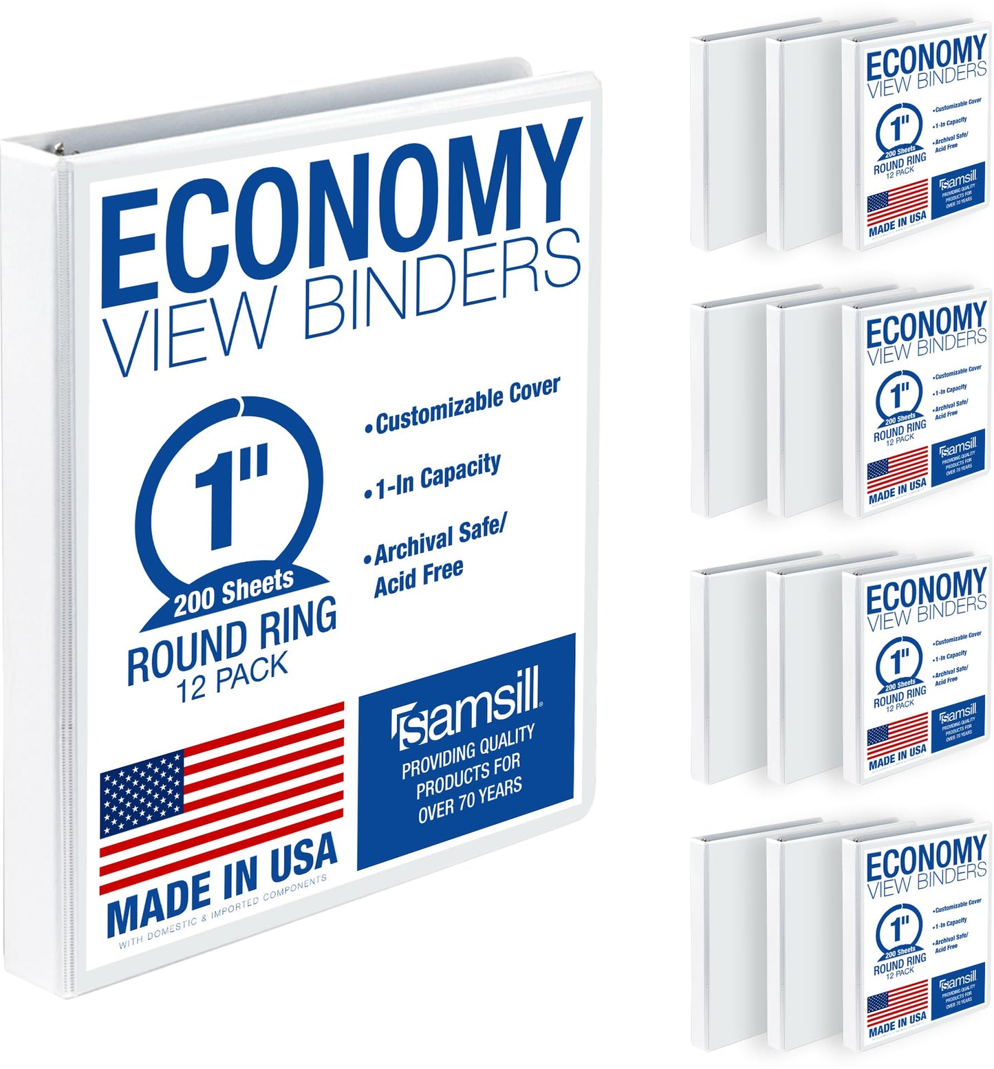 Samsill 1 Inch 3 Ring Binders, Economy Round Ring, Clear View Cover, 200 Sheet Capacity - for