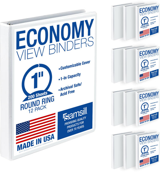 Samsill 1 Inch 3 Ring Binders, Economy Round Ring, Clear View Cover, 200 Sheet Capacity - for