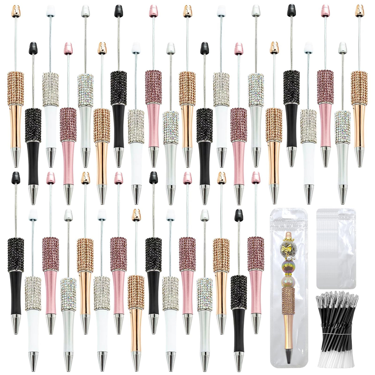 DASTTUIS 75 Pcs DIY Diamond Beadable Pen Kit - 25 Plastic Rhinestone Beaded Pens Bulk with Refills
