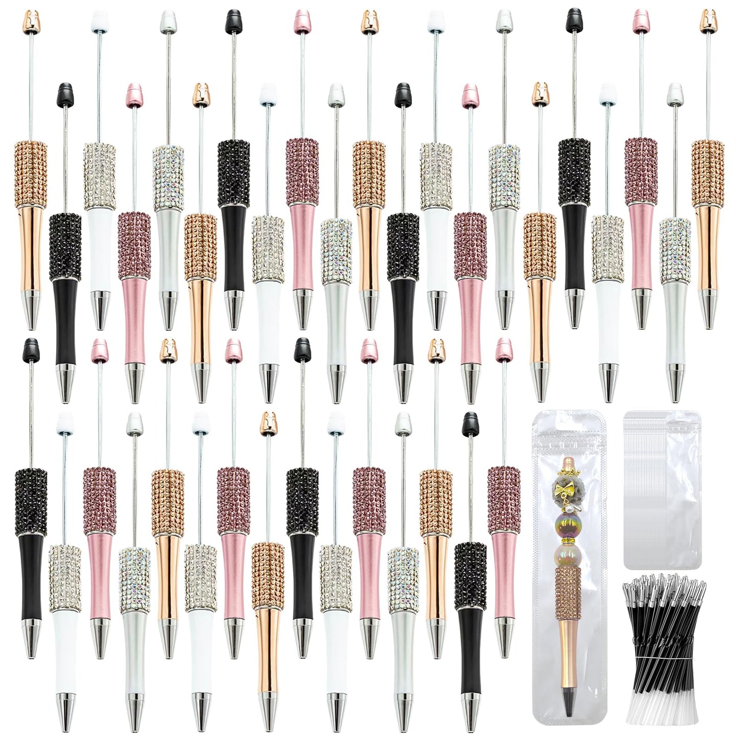 DASTTUIS 150 Pcs DIY Diamond Beadable Pen Kit - 50 Plastic Rhinestone Beaded Pens Bulk with Refills