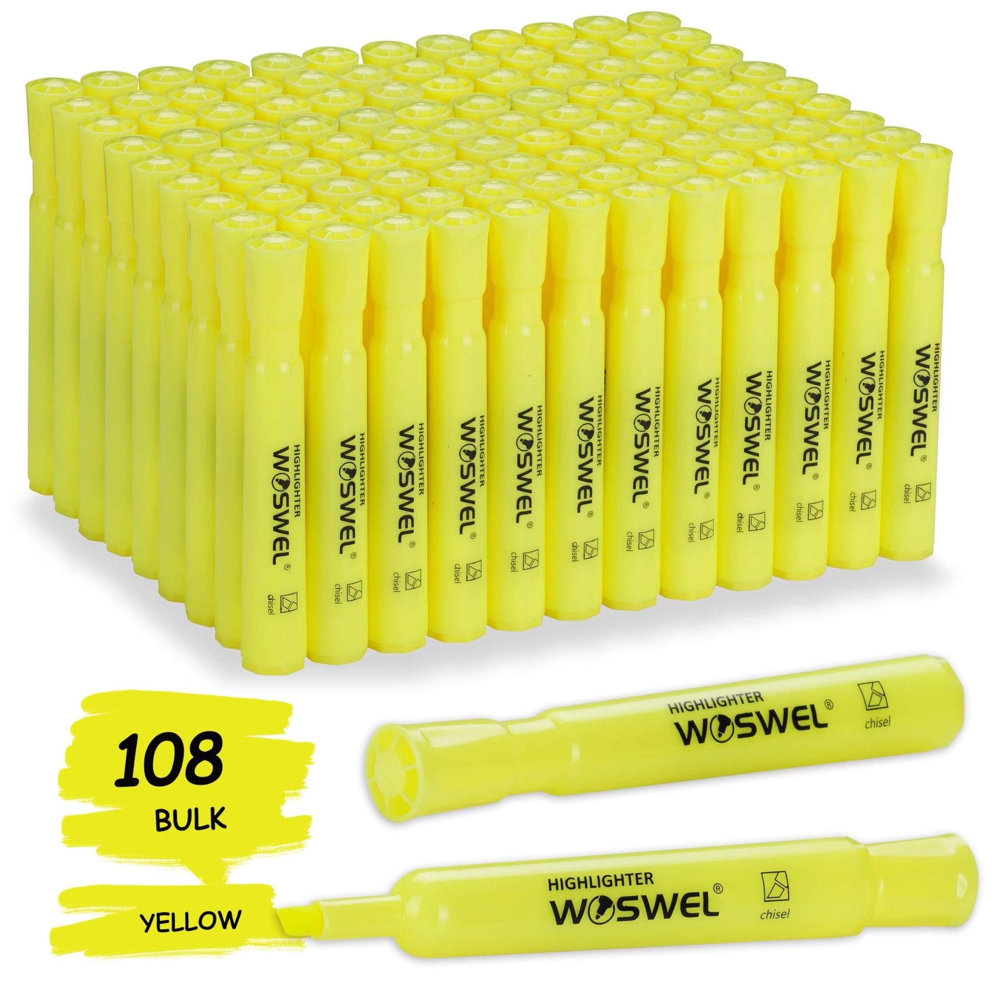 WOSWEL Highlighters Bulk, 108 Pack Tank Style Highlighters Set, Fluorescent Yellow, Chisel Tip