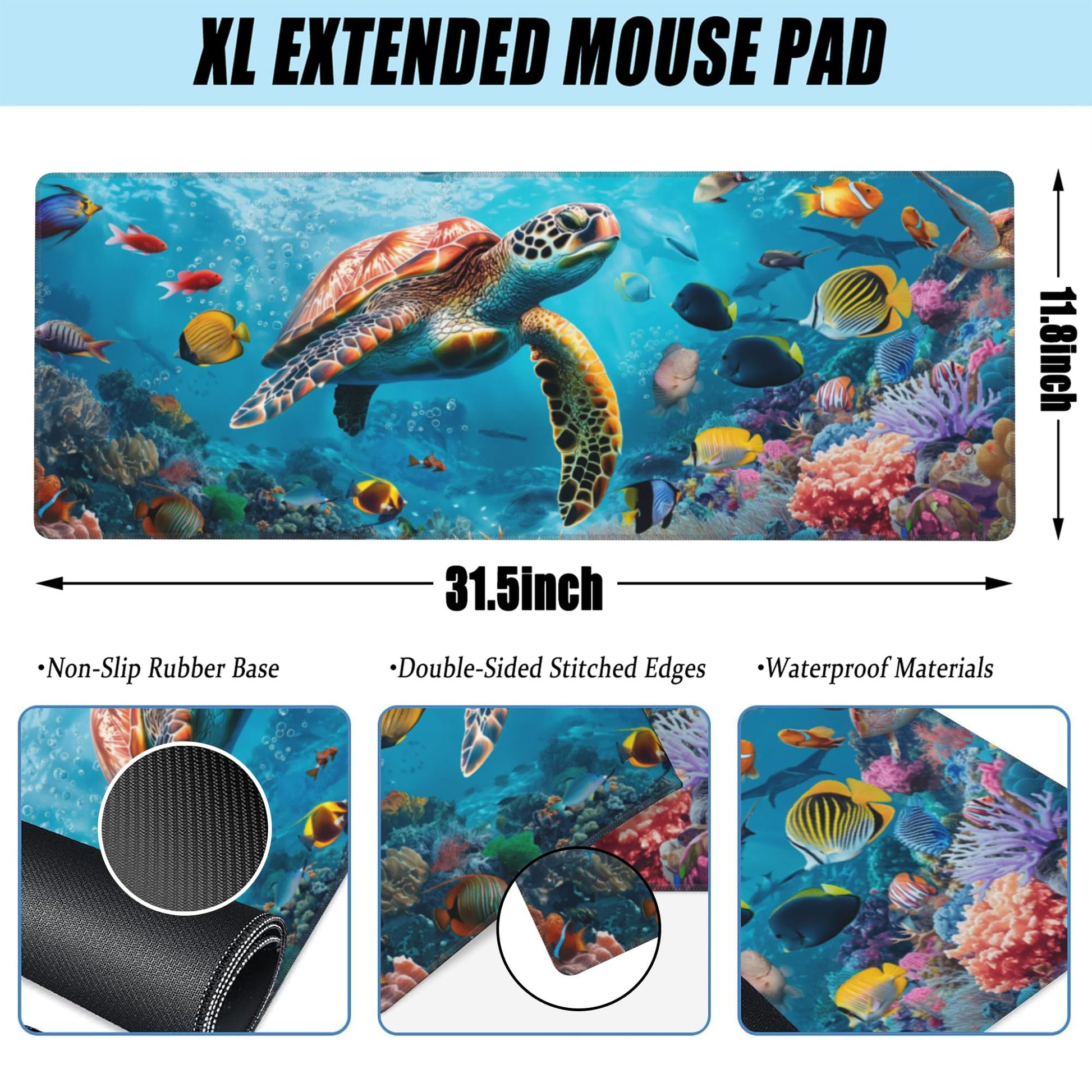 XL Mouse Pad,Sea Turtle with Colorful Fish Large Gaming Mouse Pad,The Underwater World Desk