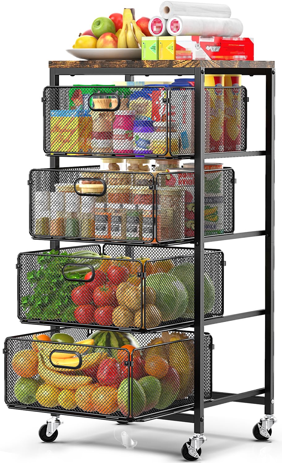 SUNALLY Kitchen Storage Cart with Drawers,Metal Snack Cart Organizer,Black